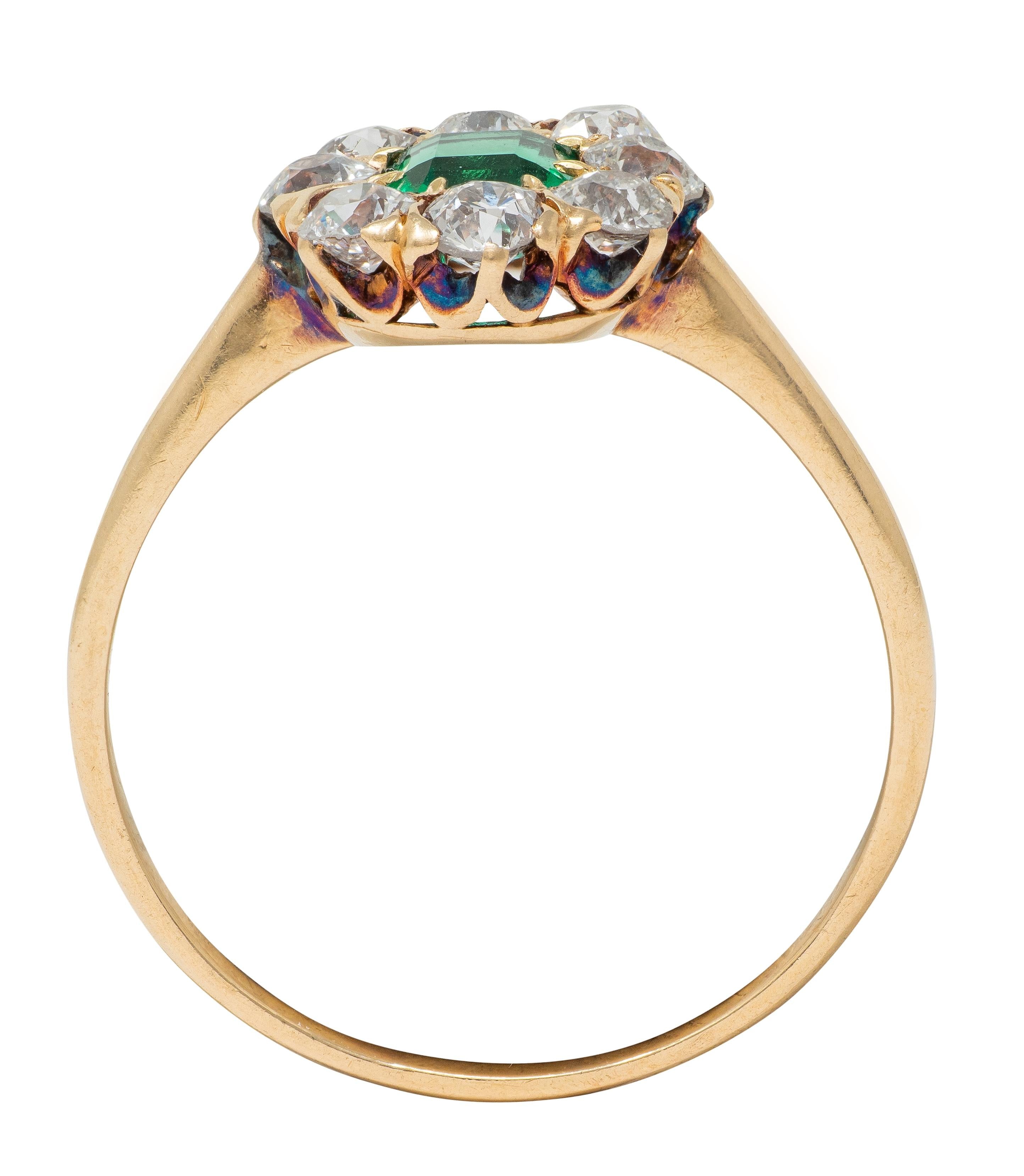 Victorian 1.23 CTW Emerald Diamond 14 Karat Yellow Gold Antique Halo Ring