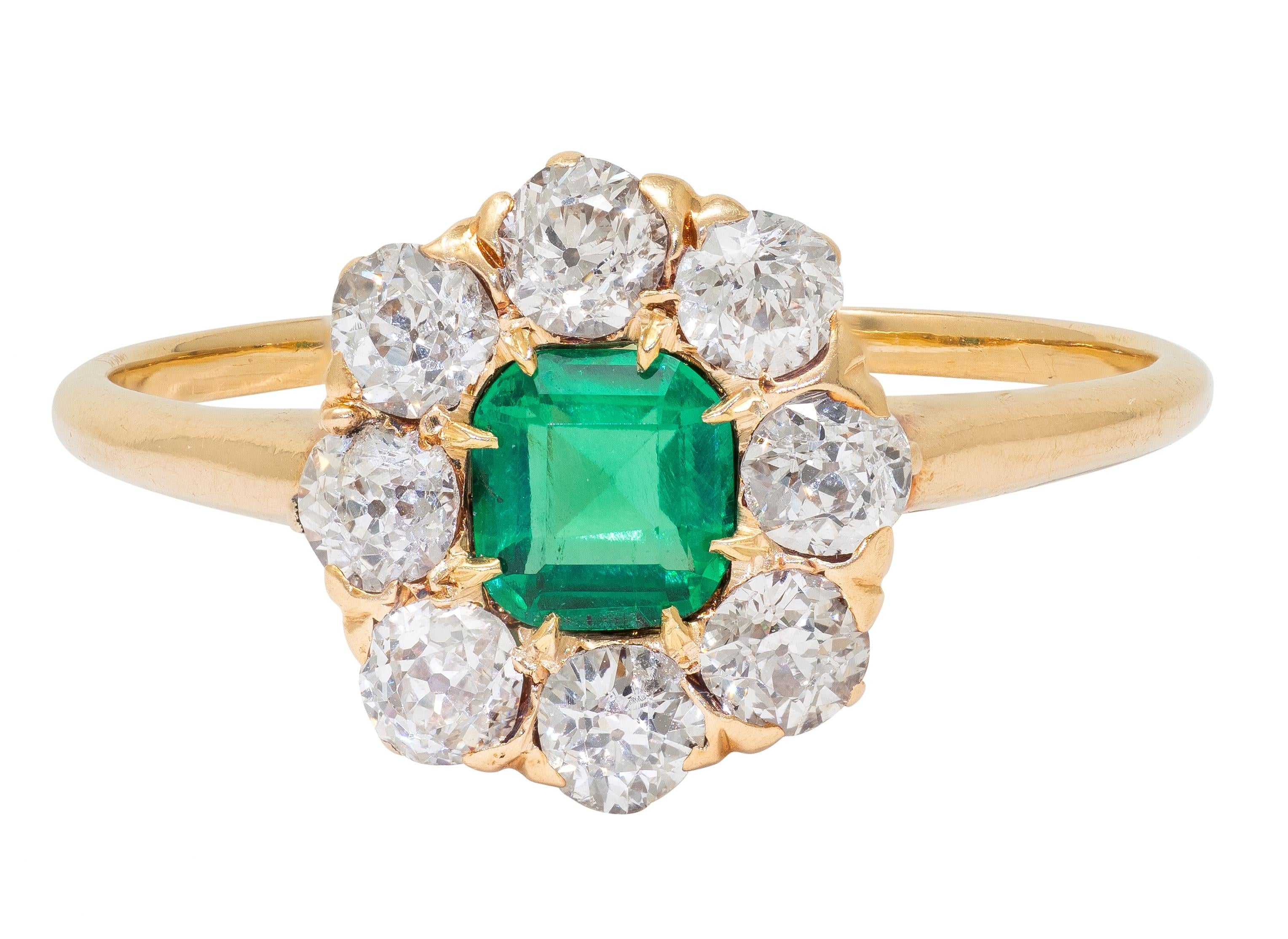 Victorian 1.23 CTW Emerald Diamond 14 Karat Yellow Gold Antique Halo Ring