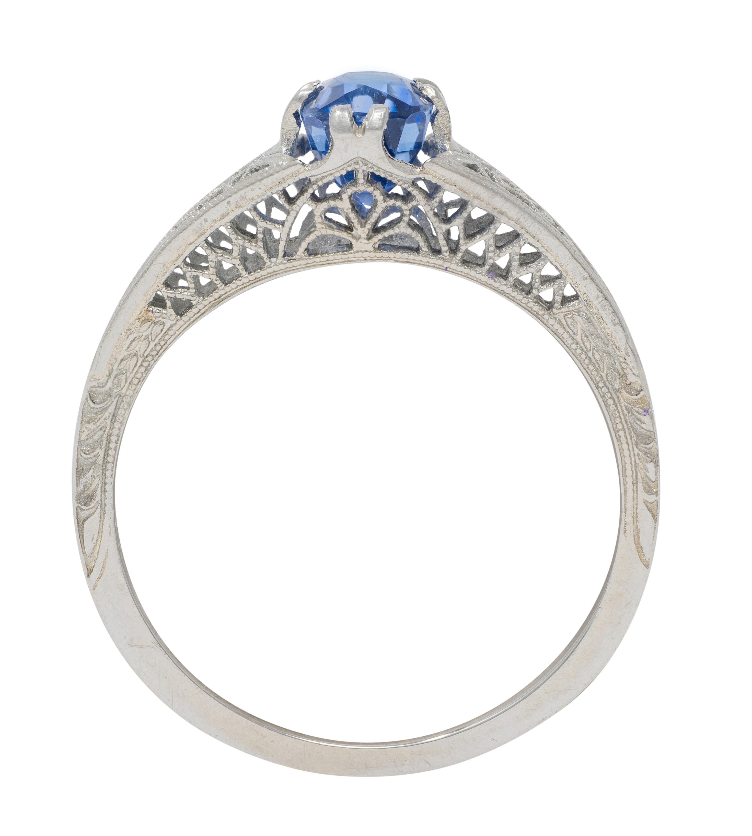 Art Deco 0.93 CTW Oval Cut Sapphire 18 Karat White Gold Vintage Lotus Ring