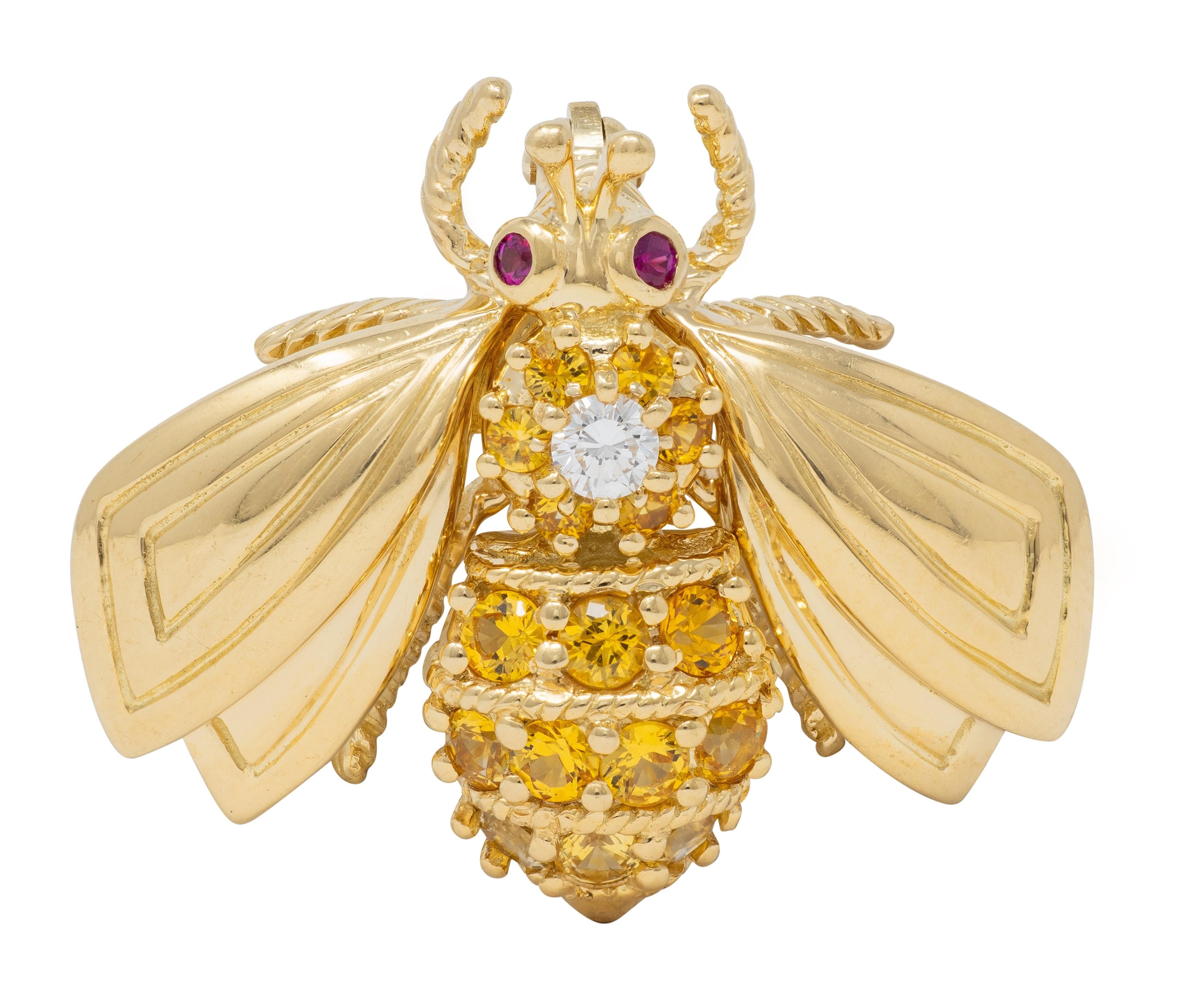 Tiffany & Co. 1980s Diamond Ruby Sapphire 18K Yellow Gold Vintage Bee Bug Brooch