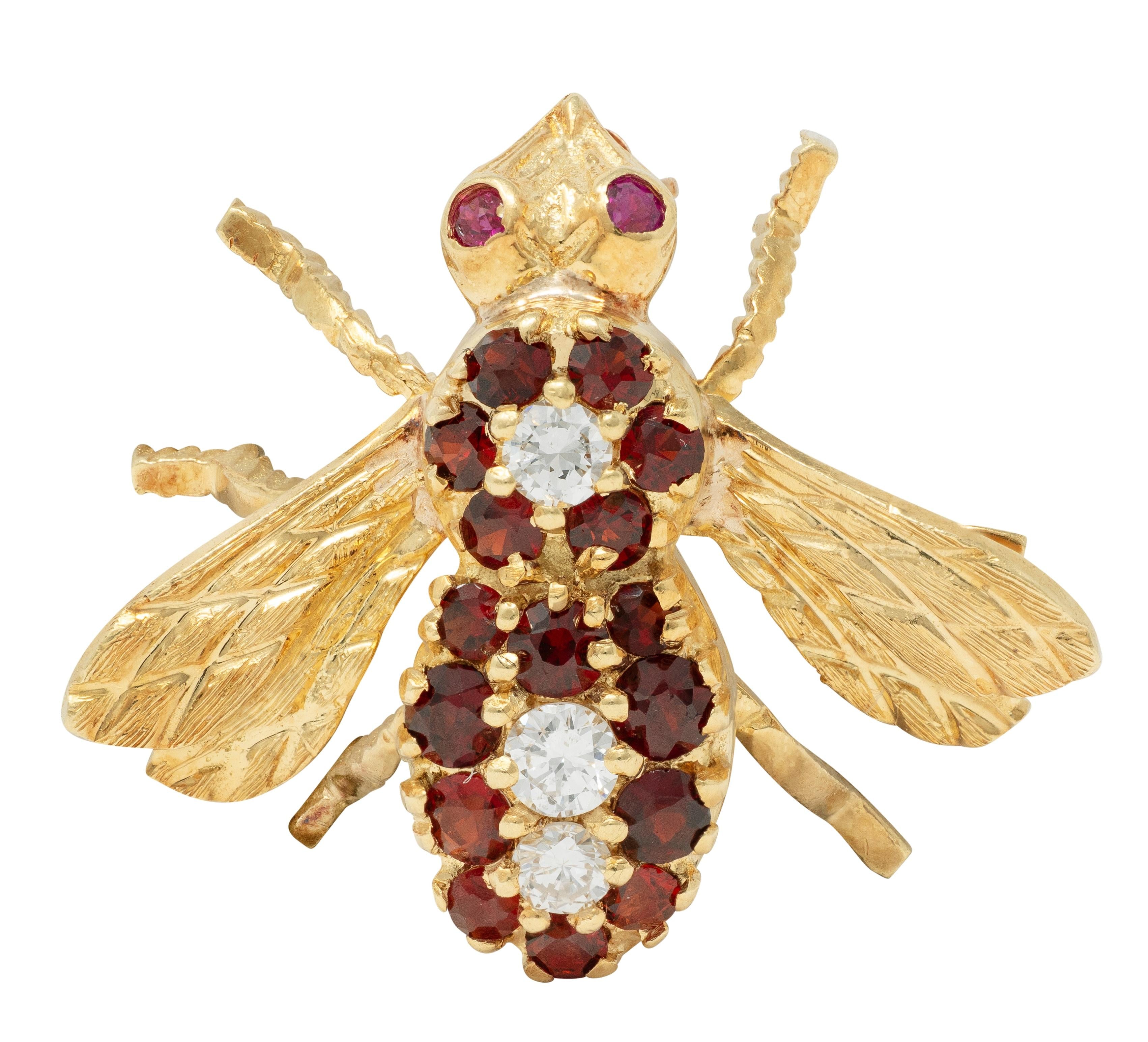 Rosenthal 1960s Diamond Ruby Citrine 18 Karat Yellow Gold Vintage Bee Bug Brooch