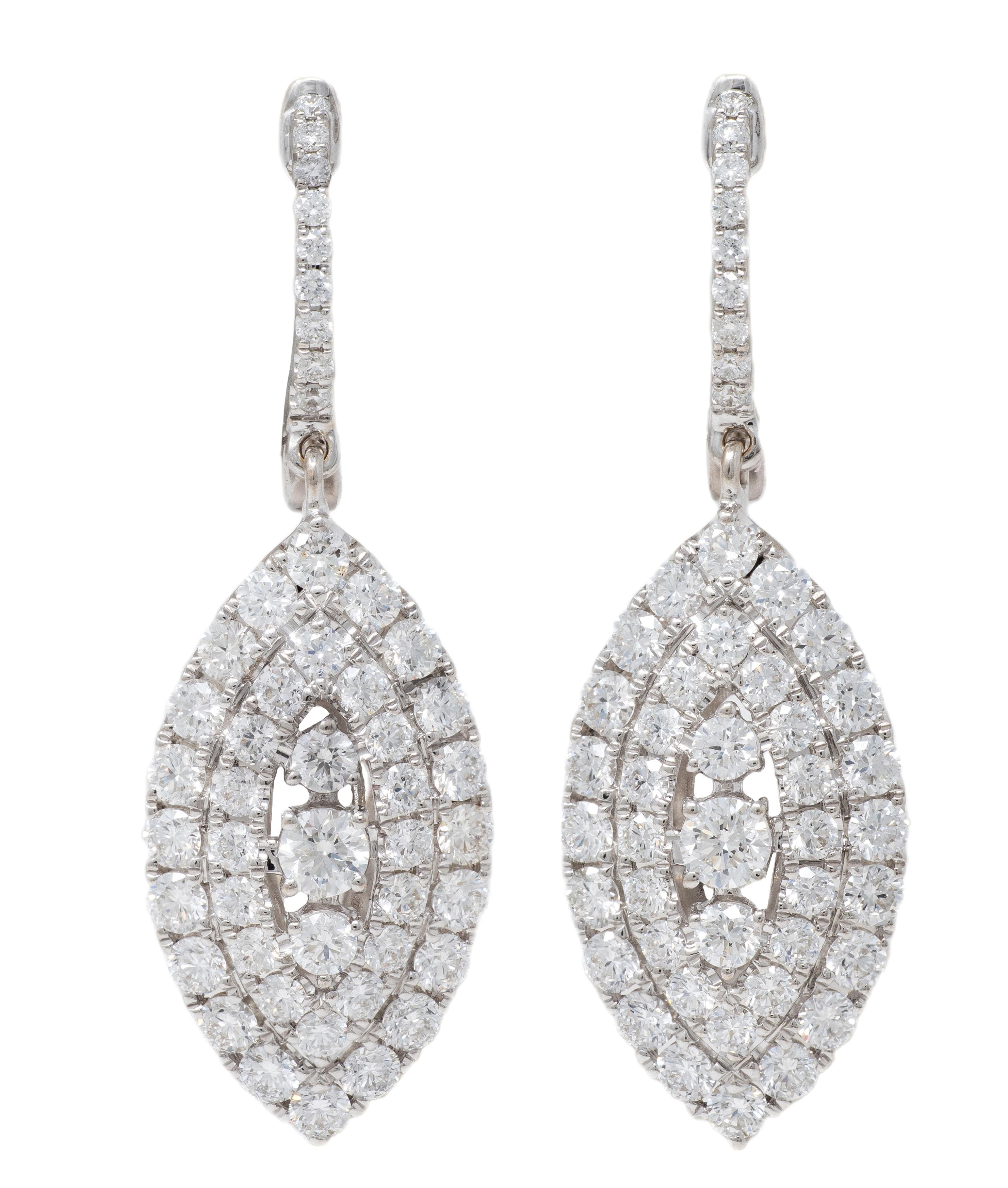 Contemporary 2.21 CTW Diamond 18 Karat White Gold Navette Drop Earrings