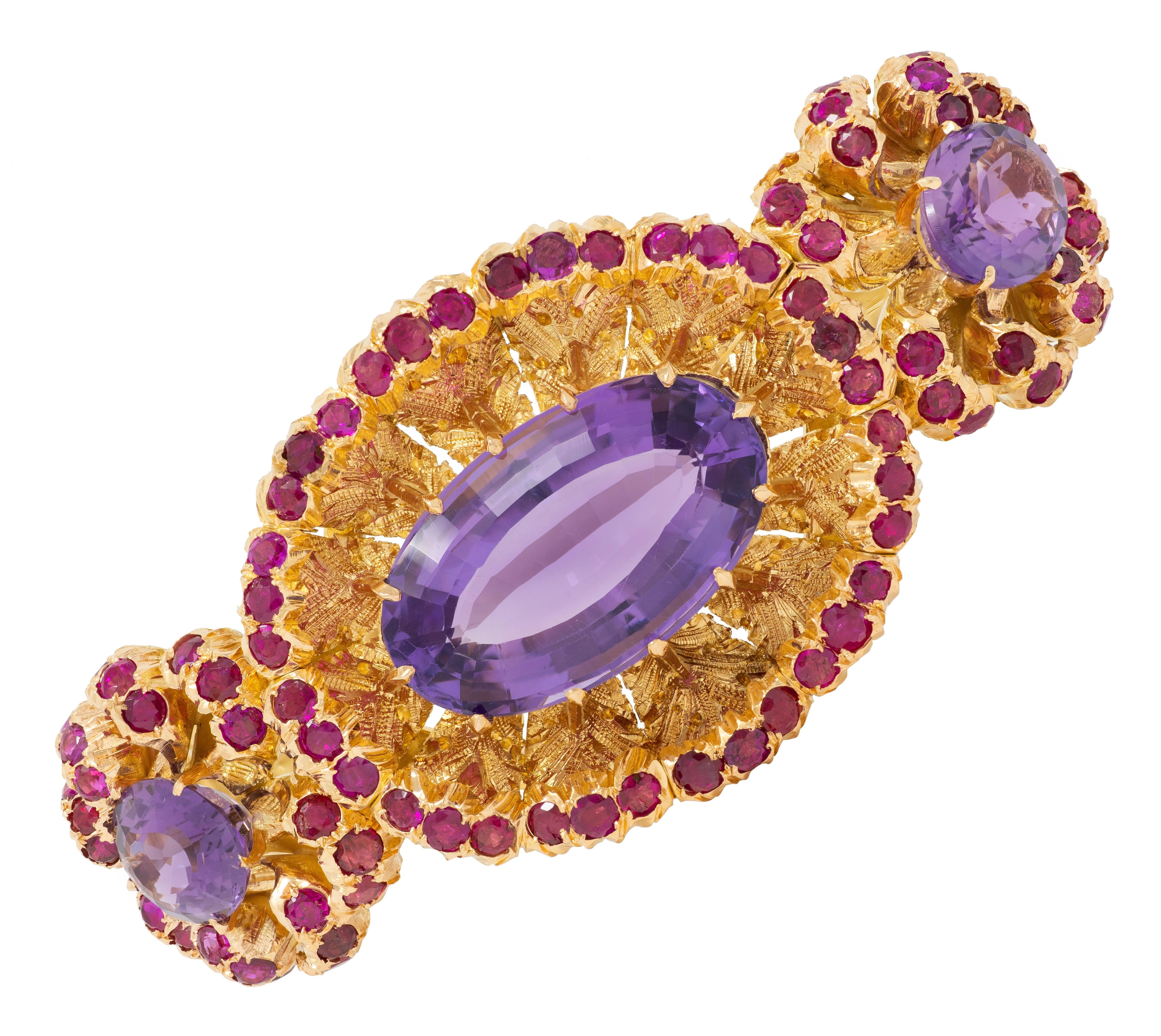 Buccellati 1960 36.79 CTW Amethyst Ruby 18K Gold Vintage Floral Bangle Bracelet
