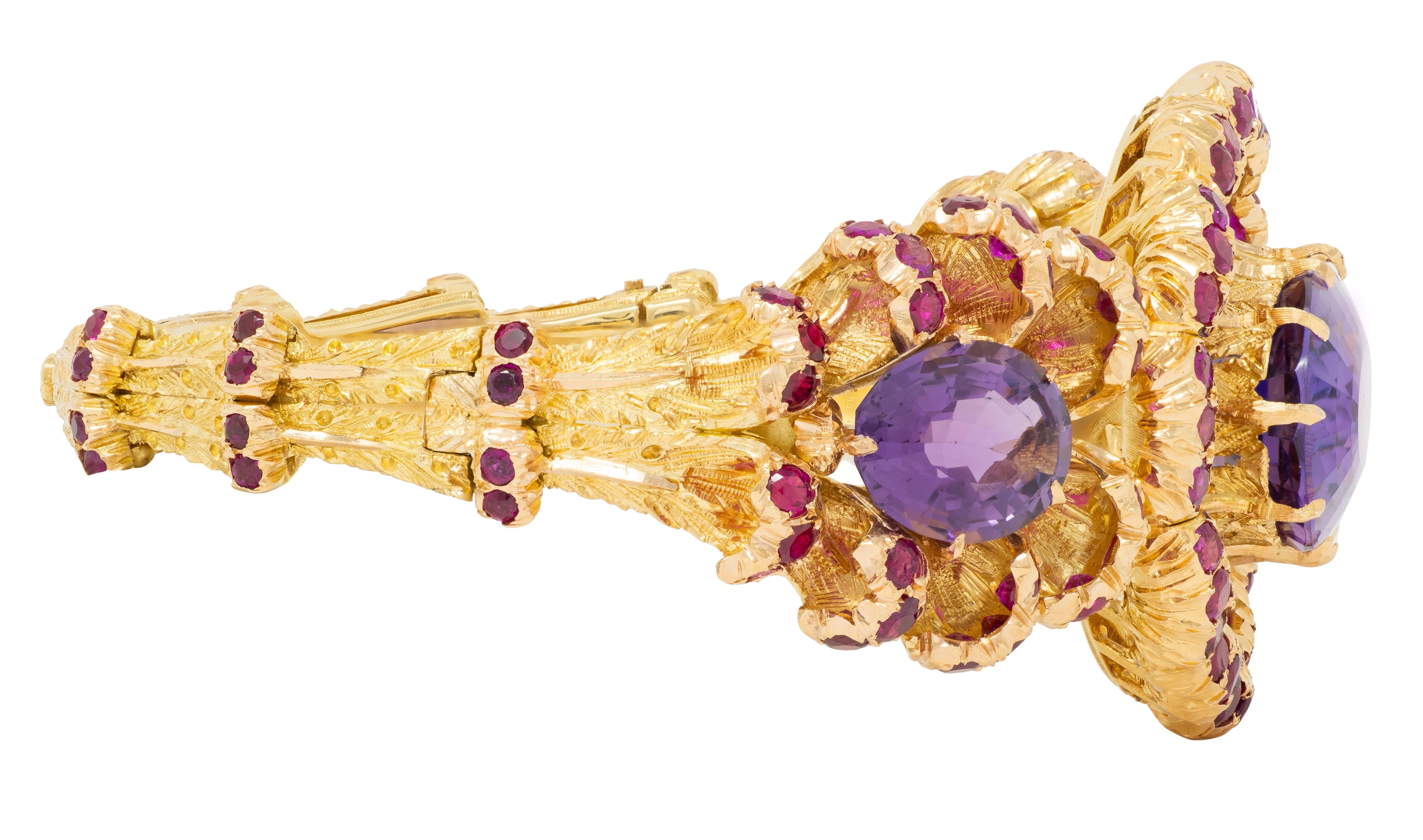 Buccellati 1960 36.79 CTW Amethyst Ruby 18K Gold Vintage Floral Bangle Bracelet