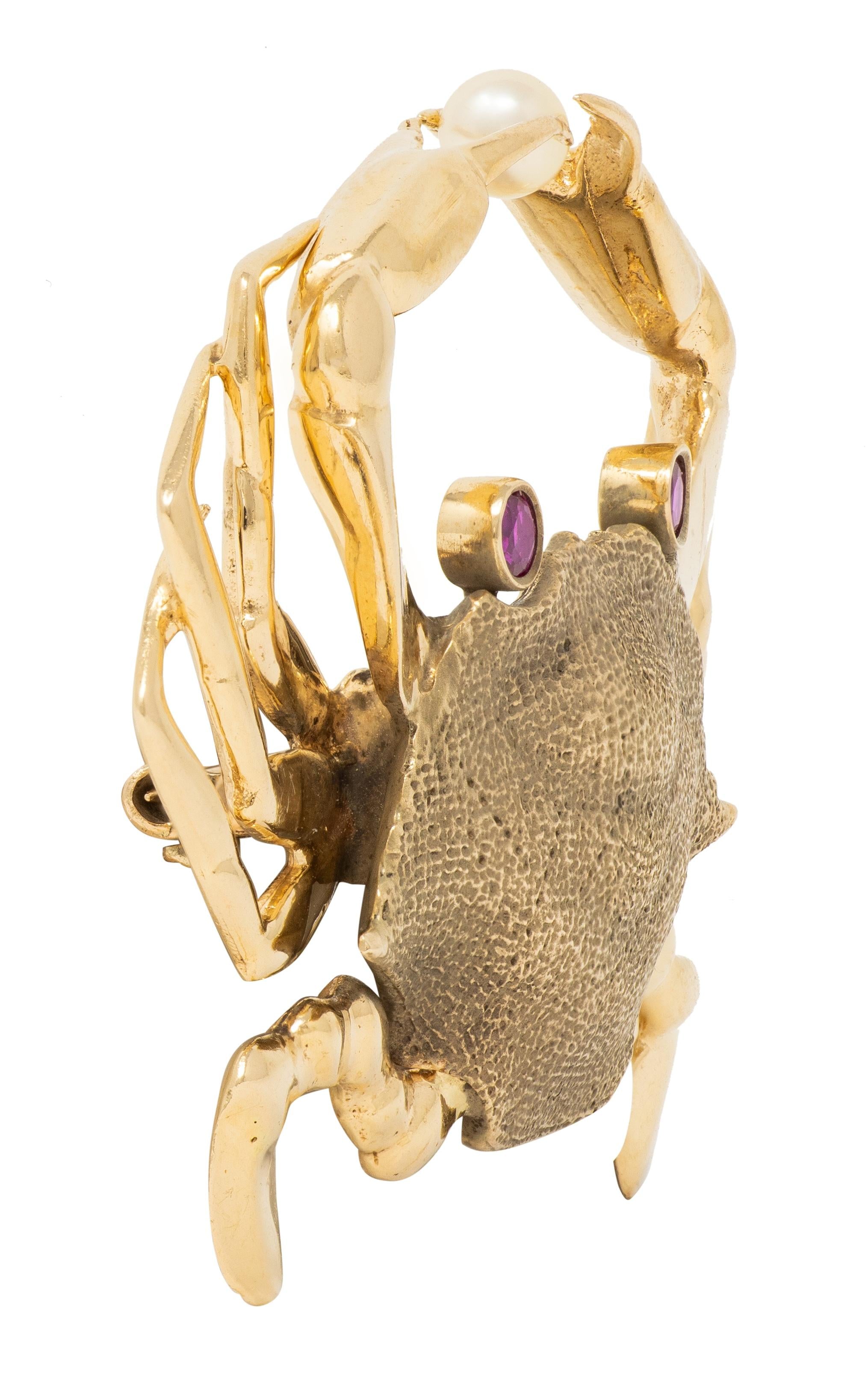 Fisher & Co. 1960's Diamond Ruby 18 Karat Yellow Gold Vintage Crab Brooch