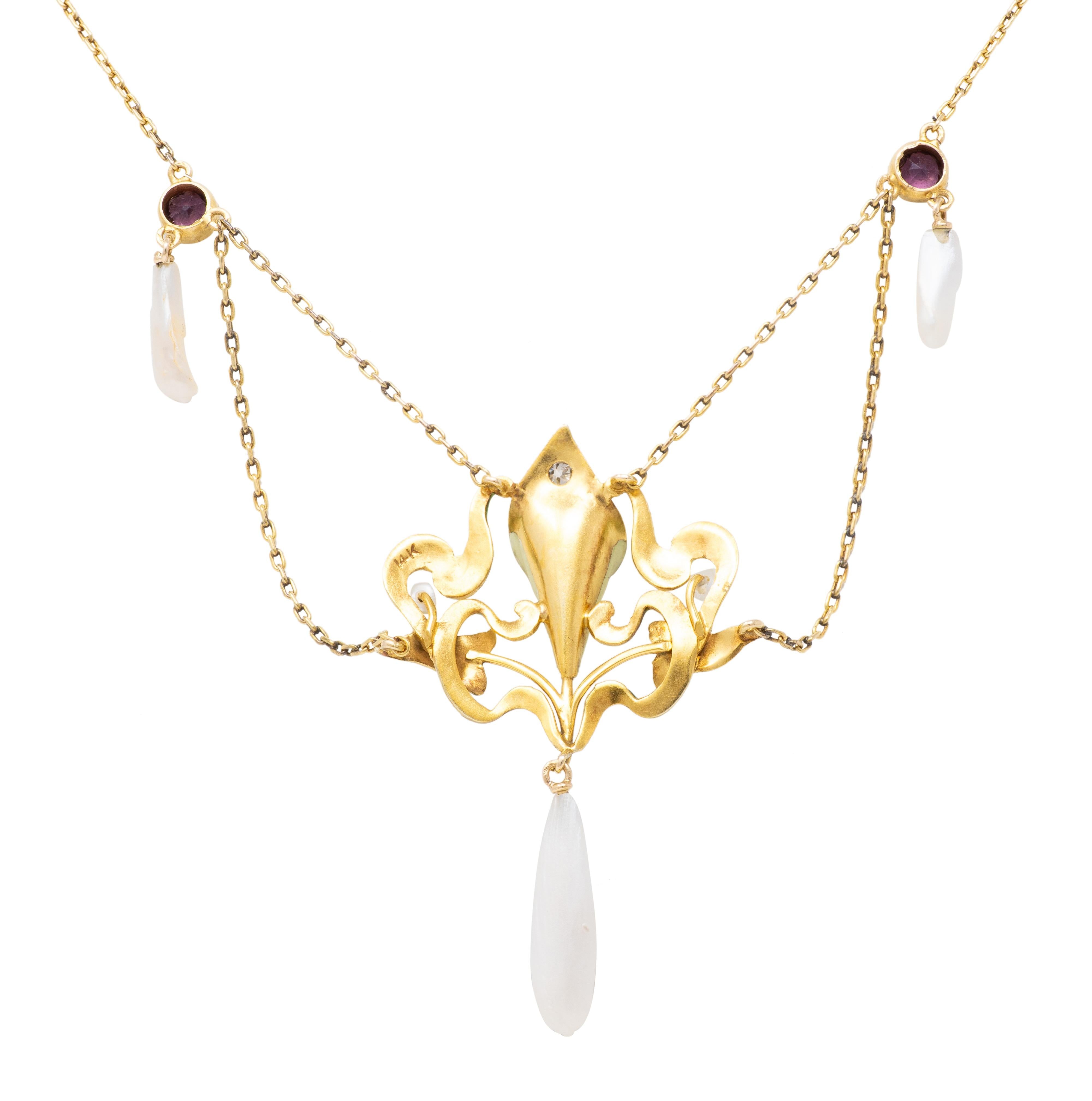Art Nouveau Diamond Amethyst Pearl 14K Gold Antique Swagged Calla Lily Necklace