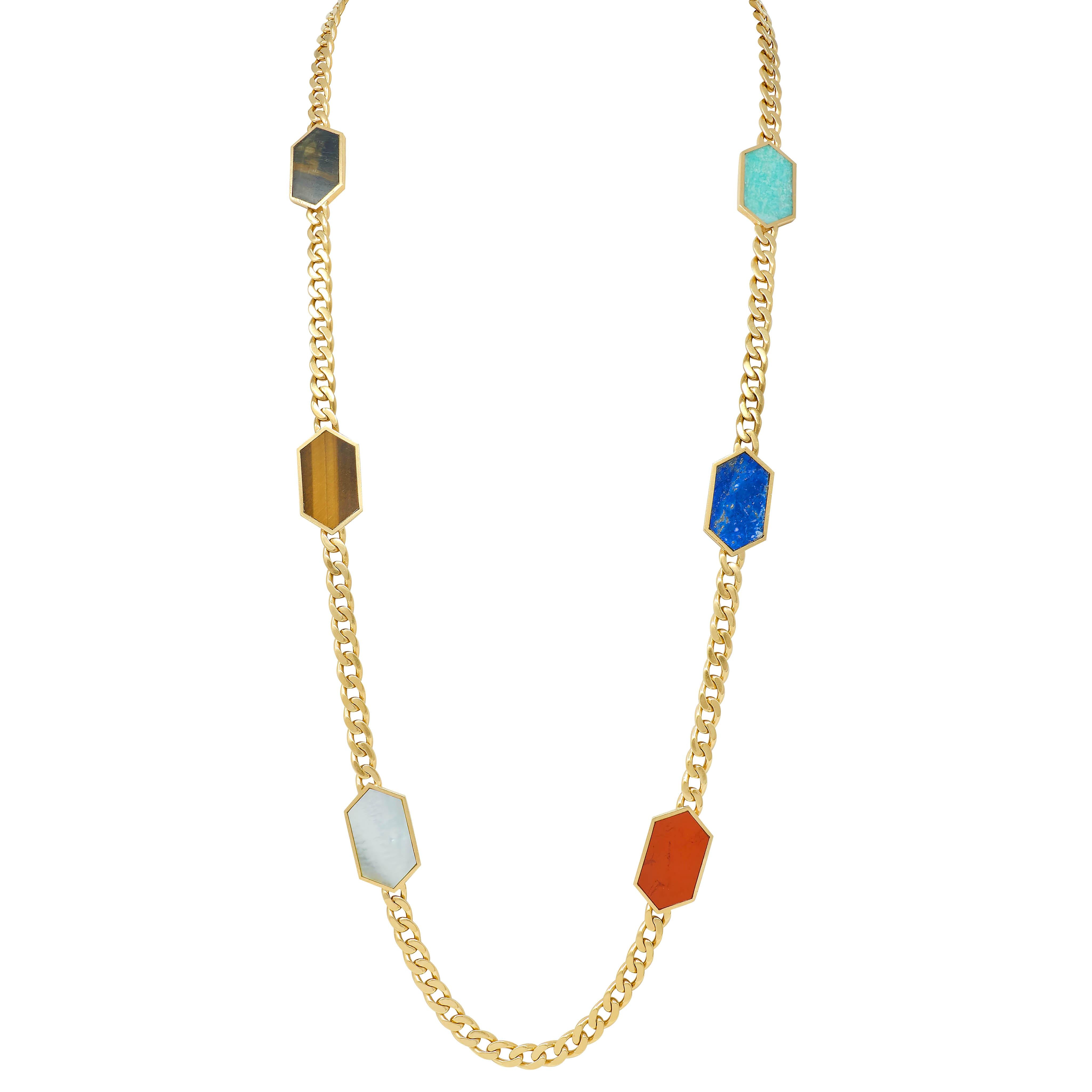 Bulgari 1970's Inlay Multi-Gem 18K Gold Vintage Curb Link Chain Floral Necklace