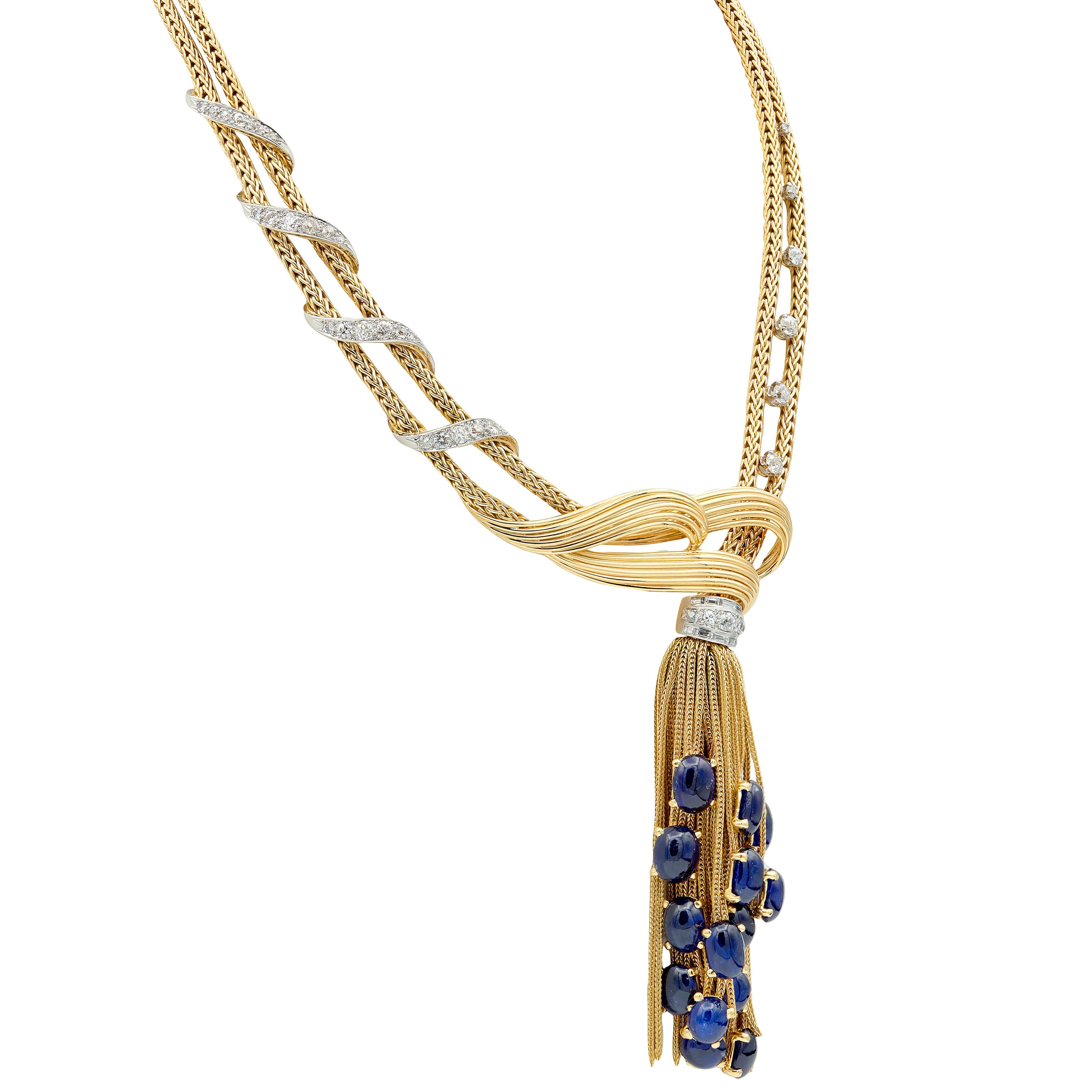 Boucheron Paris 1950's Sapphire Diamond 18K Yellow Gold Platinum Tassel Necklace