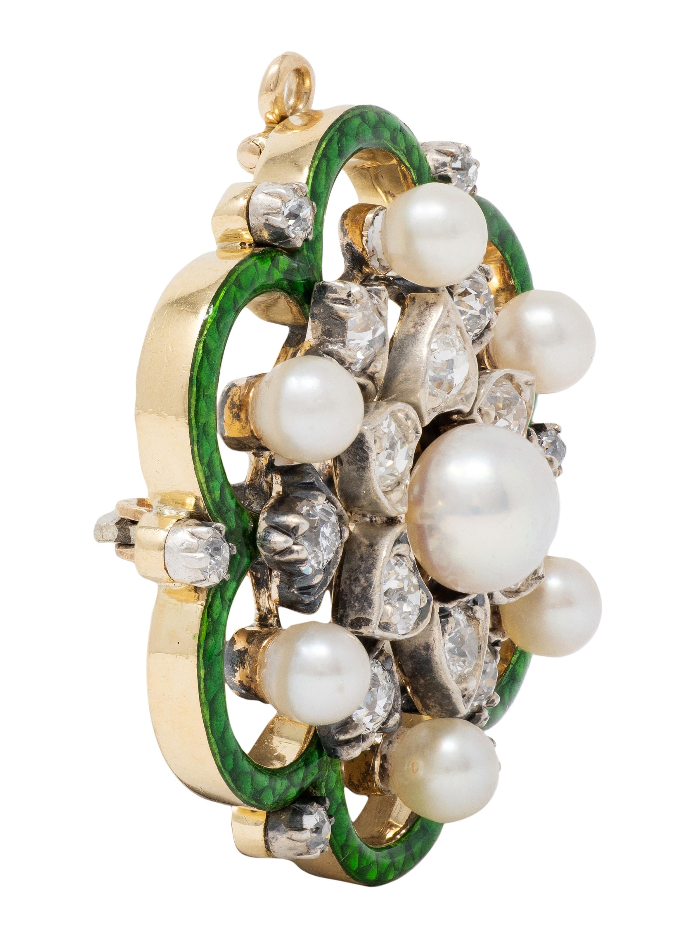 Victorian Pearl Old Mine Diamond Enamel 18K Gold Silver Antique Pendant Brooch