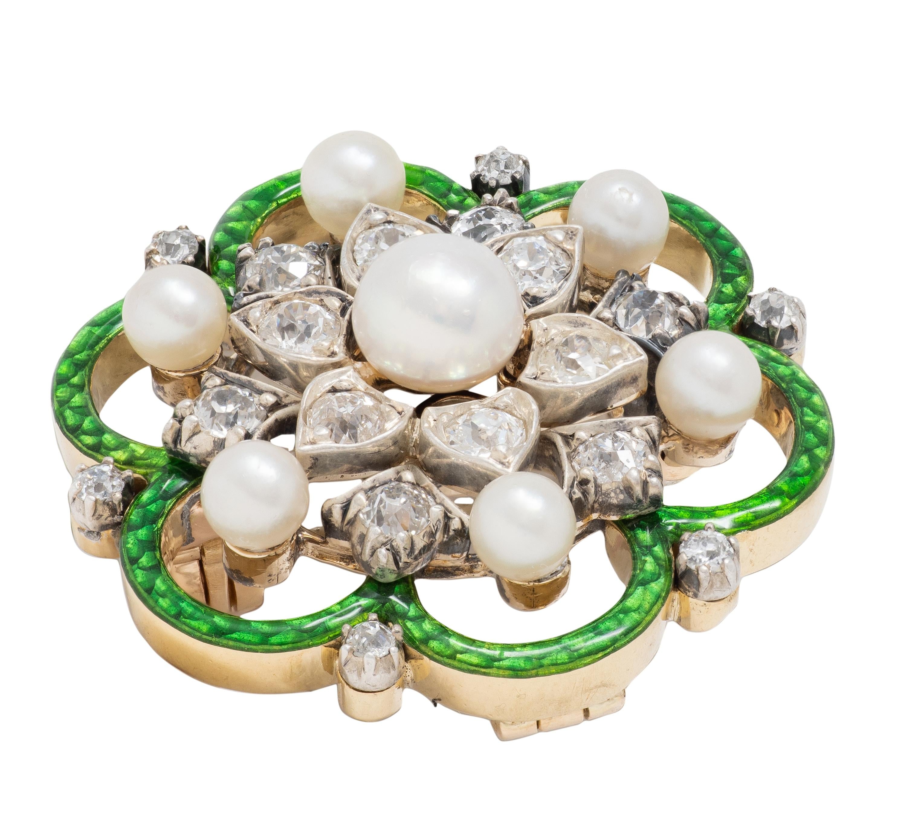 Victorian Pearl Old Mine Diamond Enamel 18K Gold Silver Antique Pendant Brooch