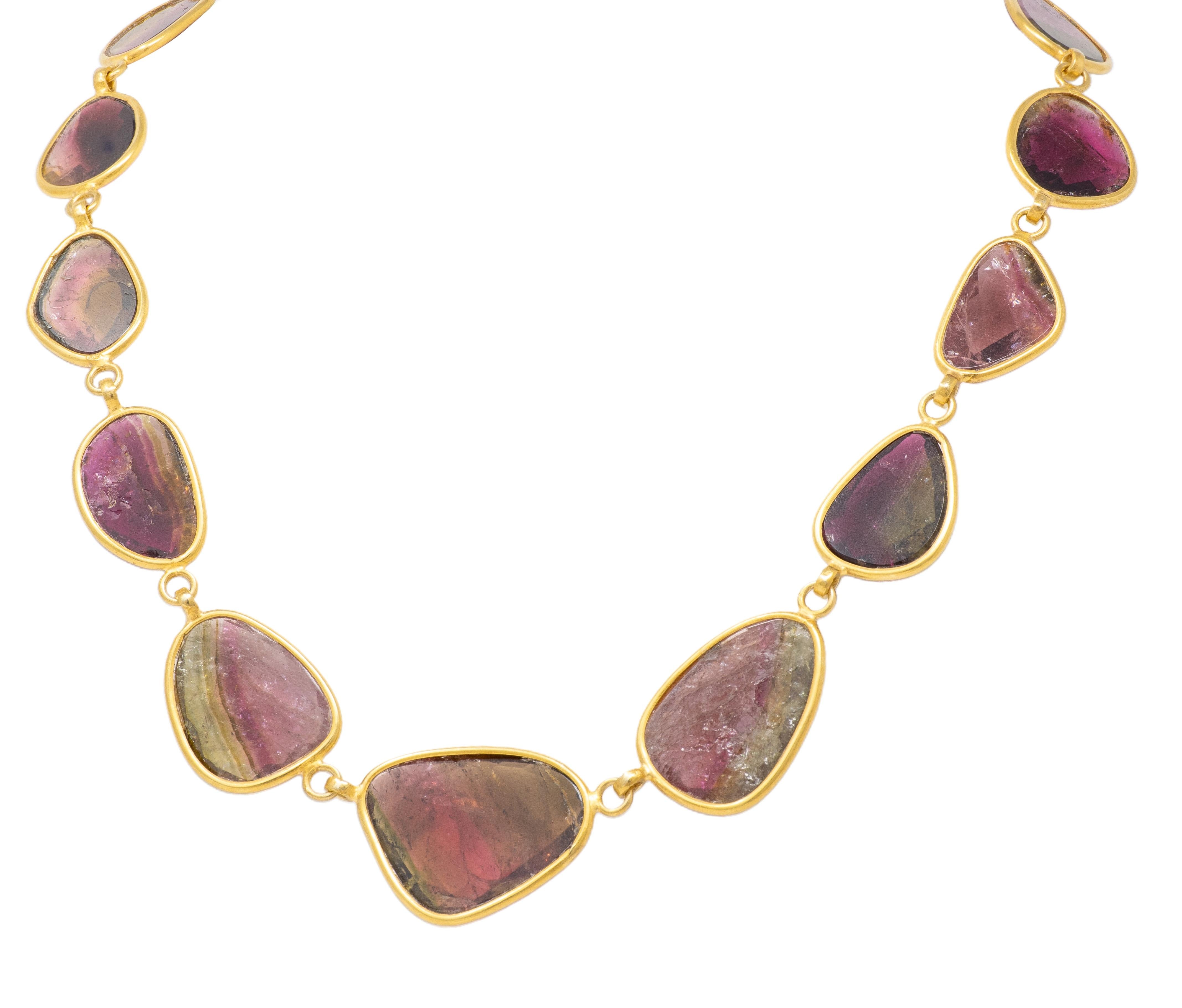 Contemporary Watermelon Tourmaline 20 Karat Yellow Gold Bezel Link Necklace