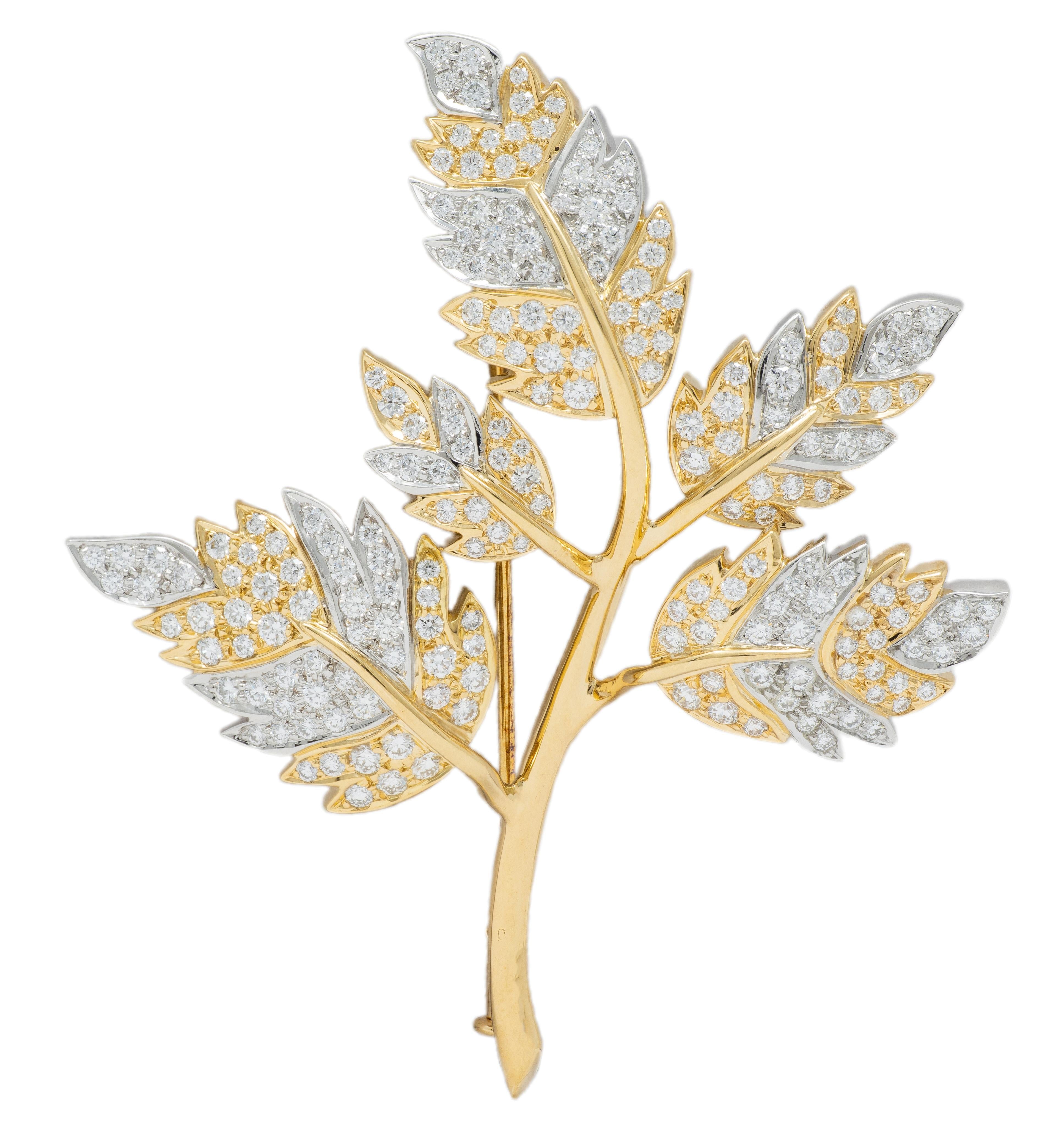 Schlumberger Tiffany & Co. Diamond Platinum 18 Karat Yellow Gold 5 Leaf Brooch