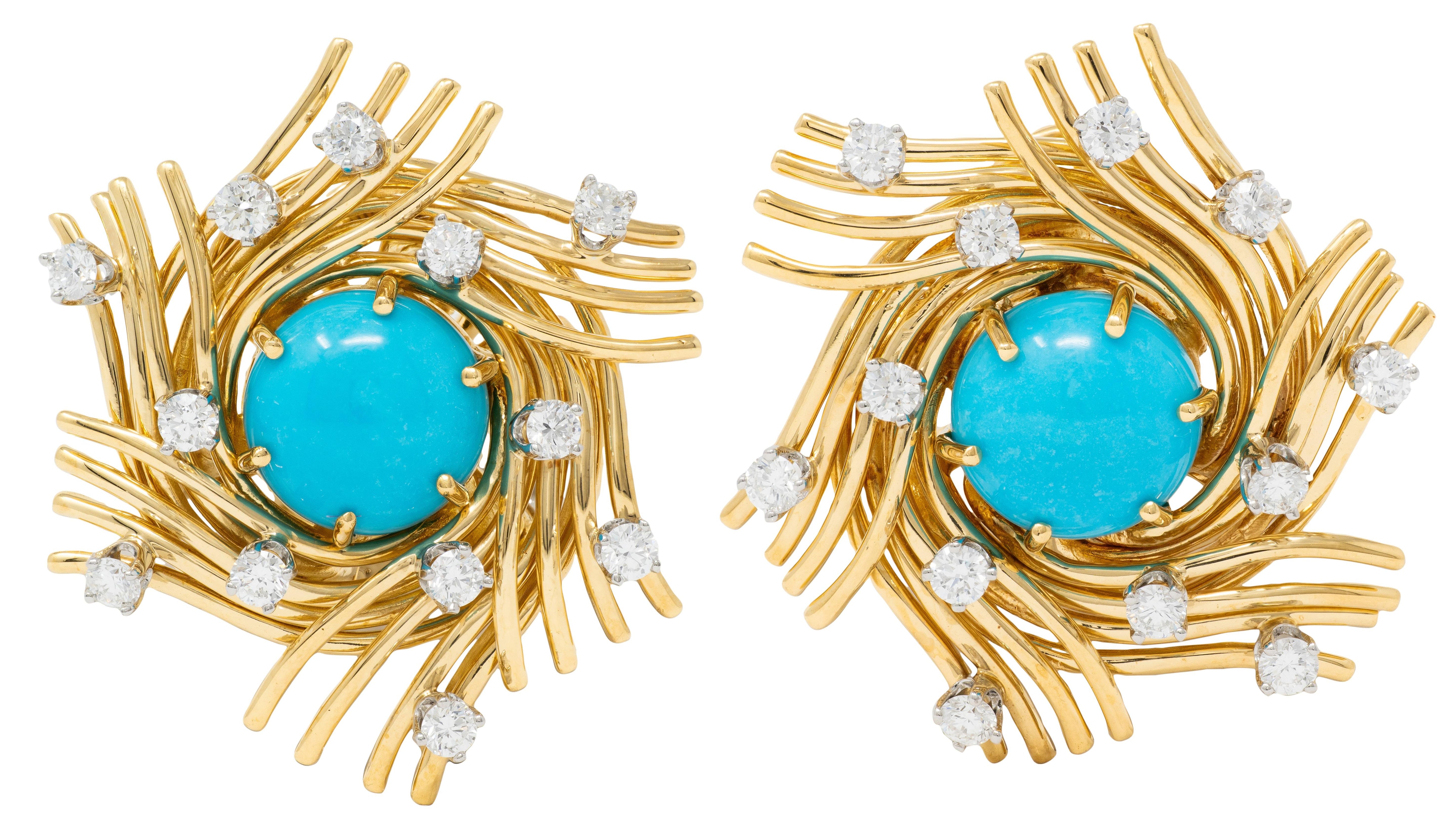 Schlumberger Tiffany & Co. Turquoise Diamond Platinum 18K Vintage Nest Earrings