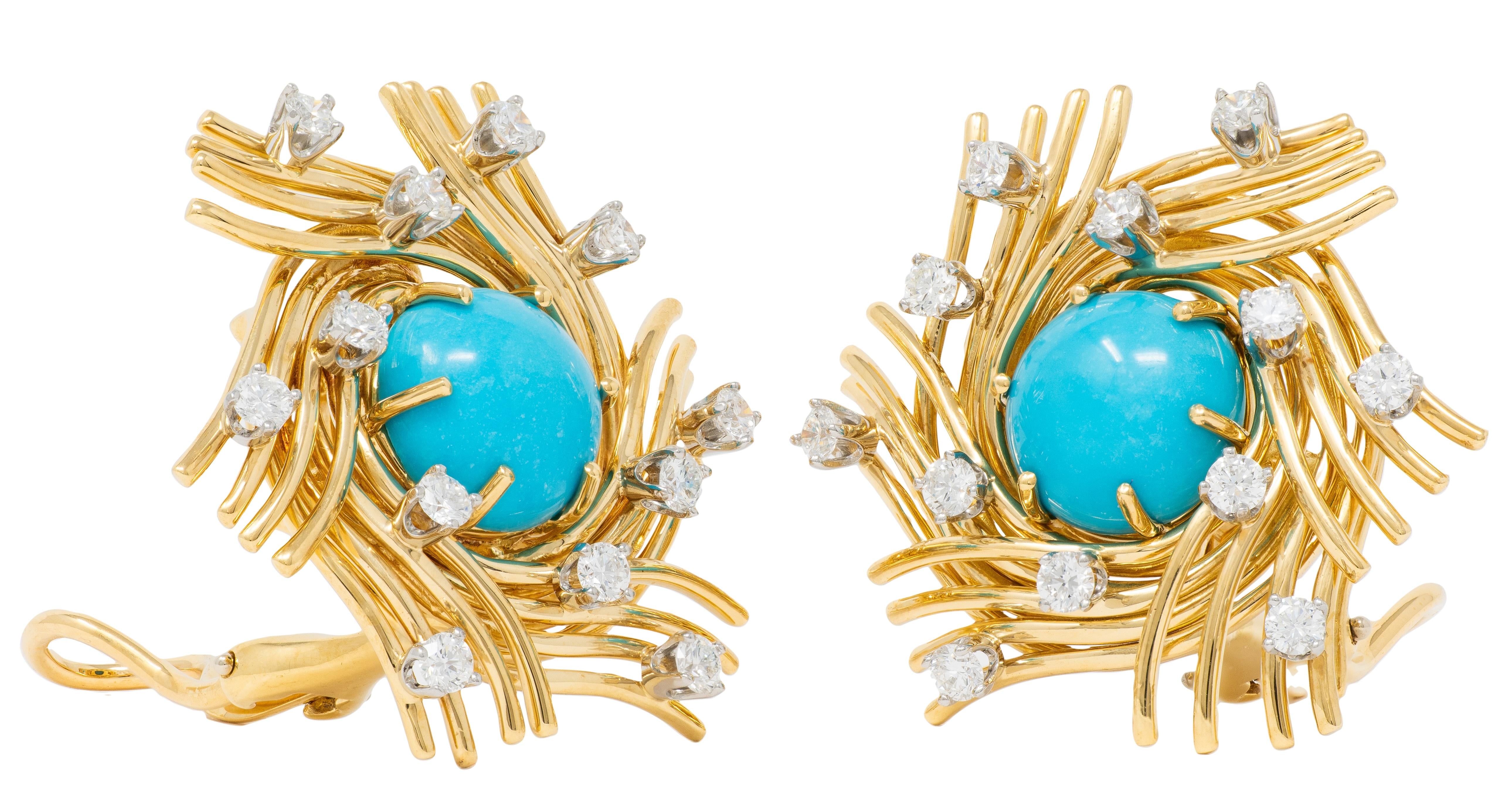 Schlumberger Tiffany & Co. Turquoise Diamond Platinum 18K Vintage Nest Earrings