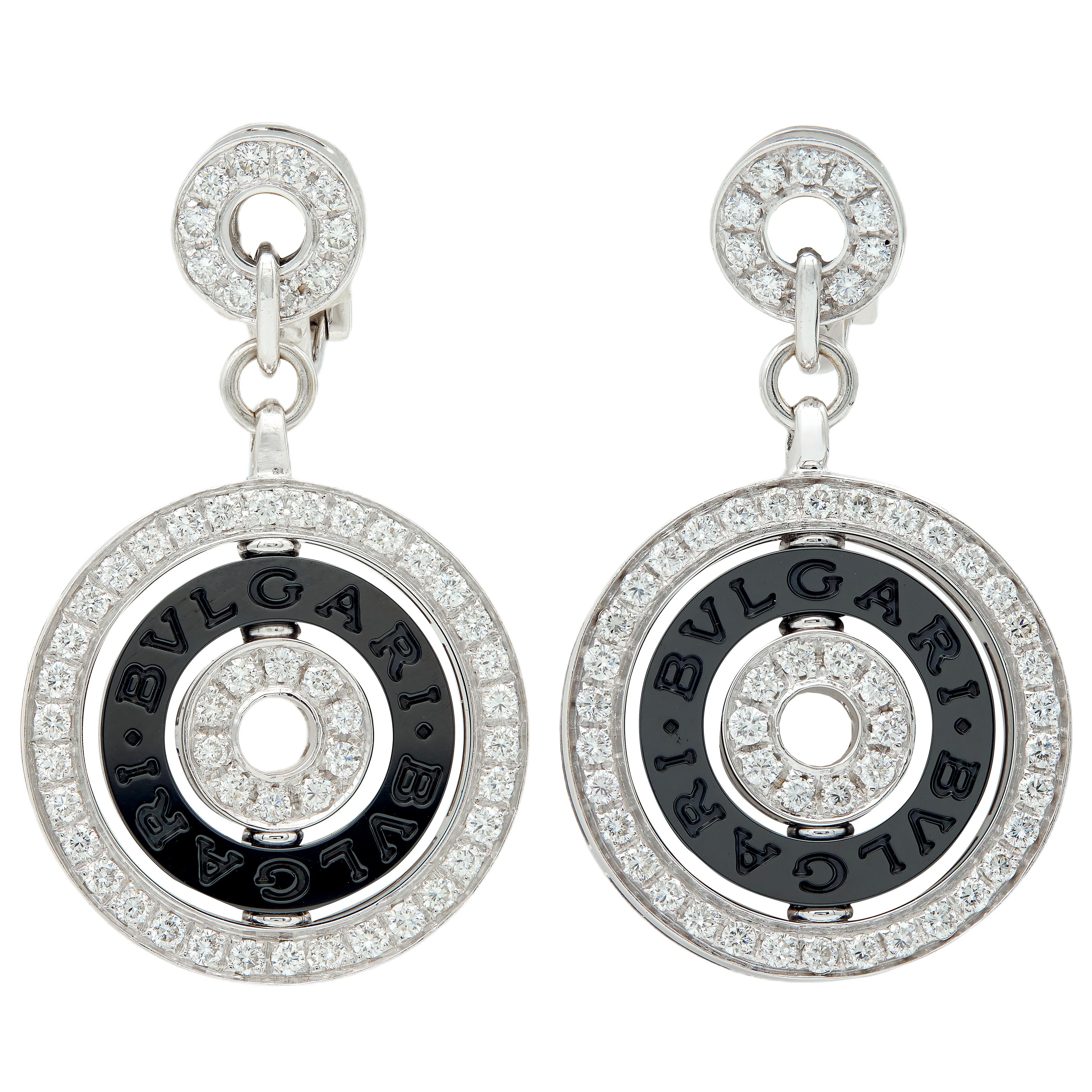 Bulgari 2000's Diamond Ceramic 18 Karat White Gold Cerchi Astrale Drop Earrings