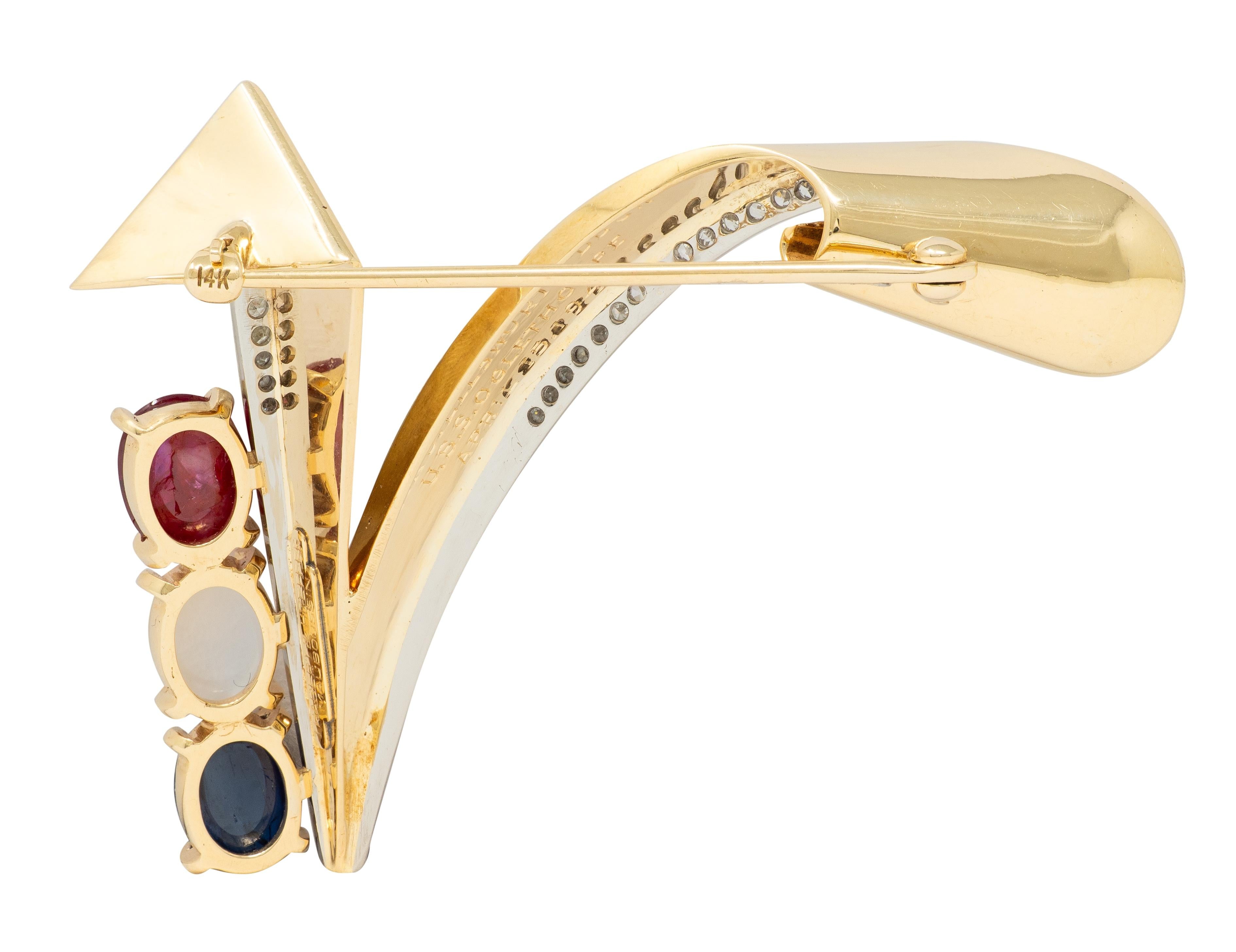 Traebert & Hoeffer Mauboussin 1945 Multi-Gem 14K Gold Vintage Victory Brooch