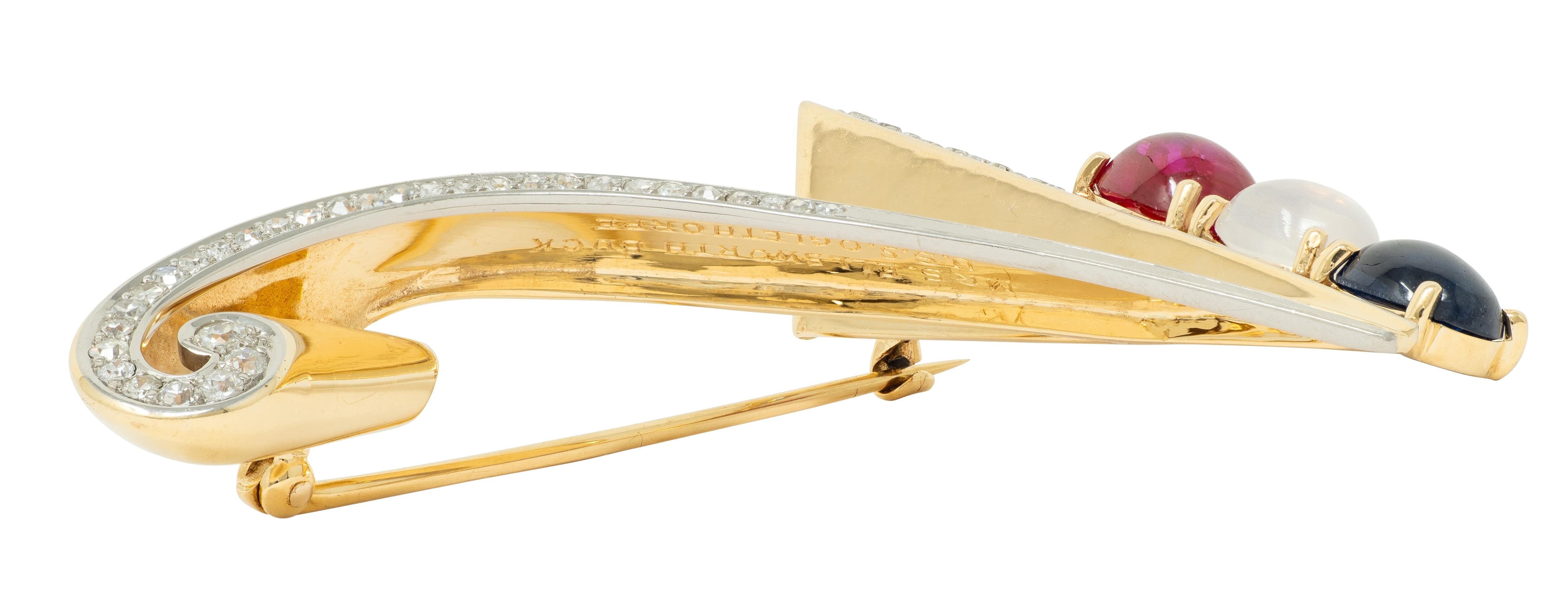 Traebert & Hoeffer Mauboussin 1945 Multi-Gem 14K Gold Vintage Victory Brooch