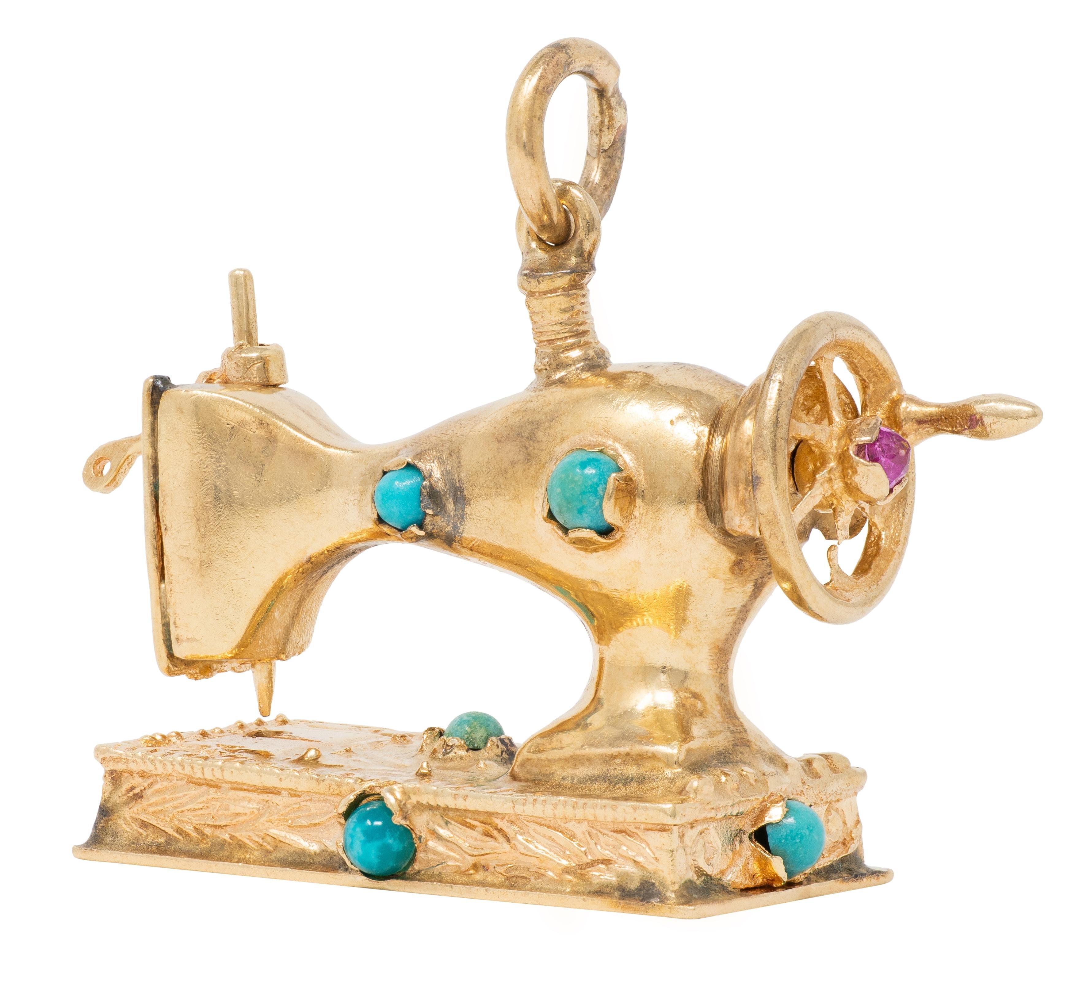 1960's Turquoise Topaz 14 Karat Yellow Gold Antique Sewing Machine Pendant Charm