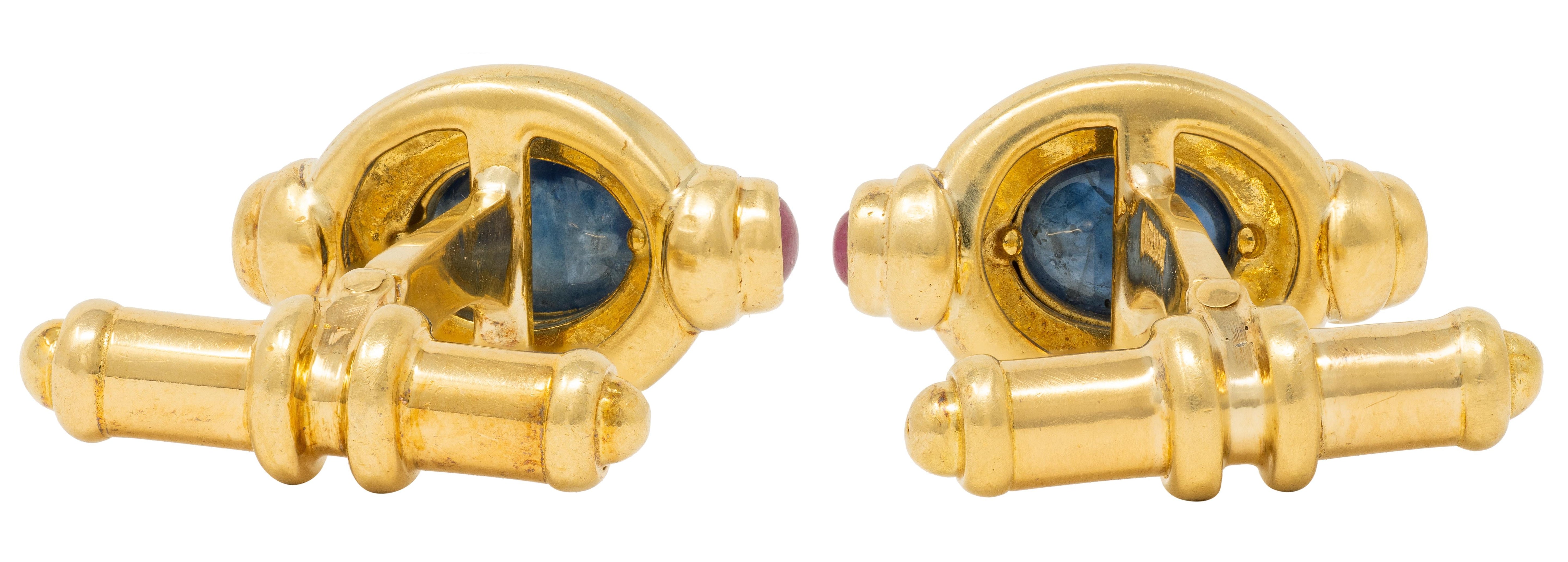 David Webb 1980's 3.50 CTW Ruby Sapphire 18 Karat Gold Vintage Bar Cufflinks