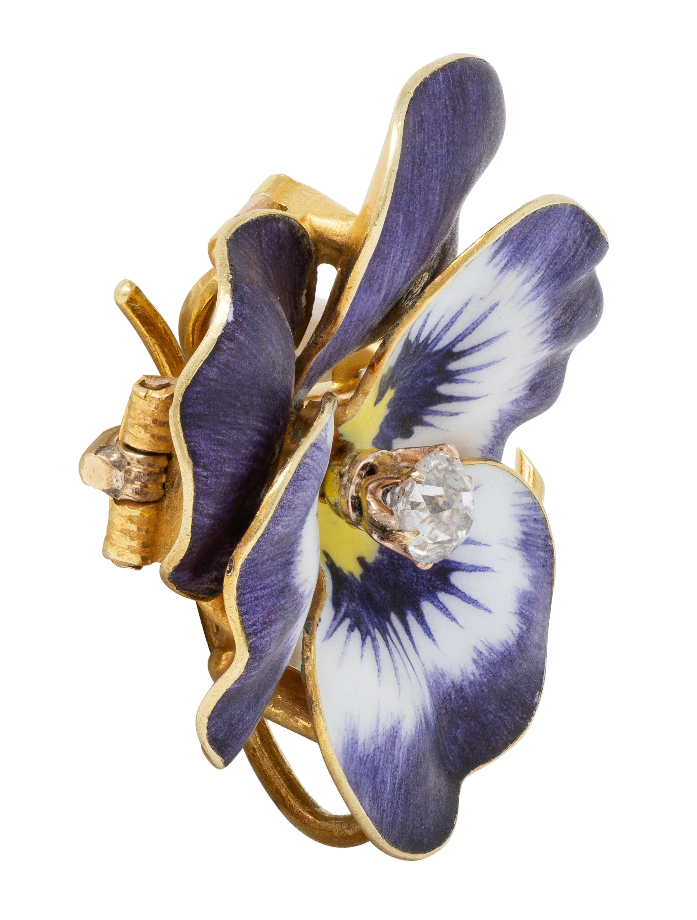 Art Nouveau Diamond Enamel 14K Yellow Gold Pansy Flower Antique Pendant Brooch