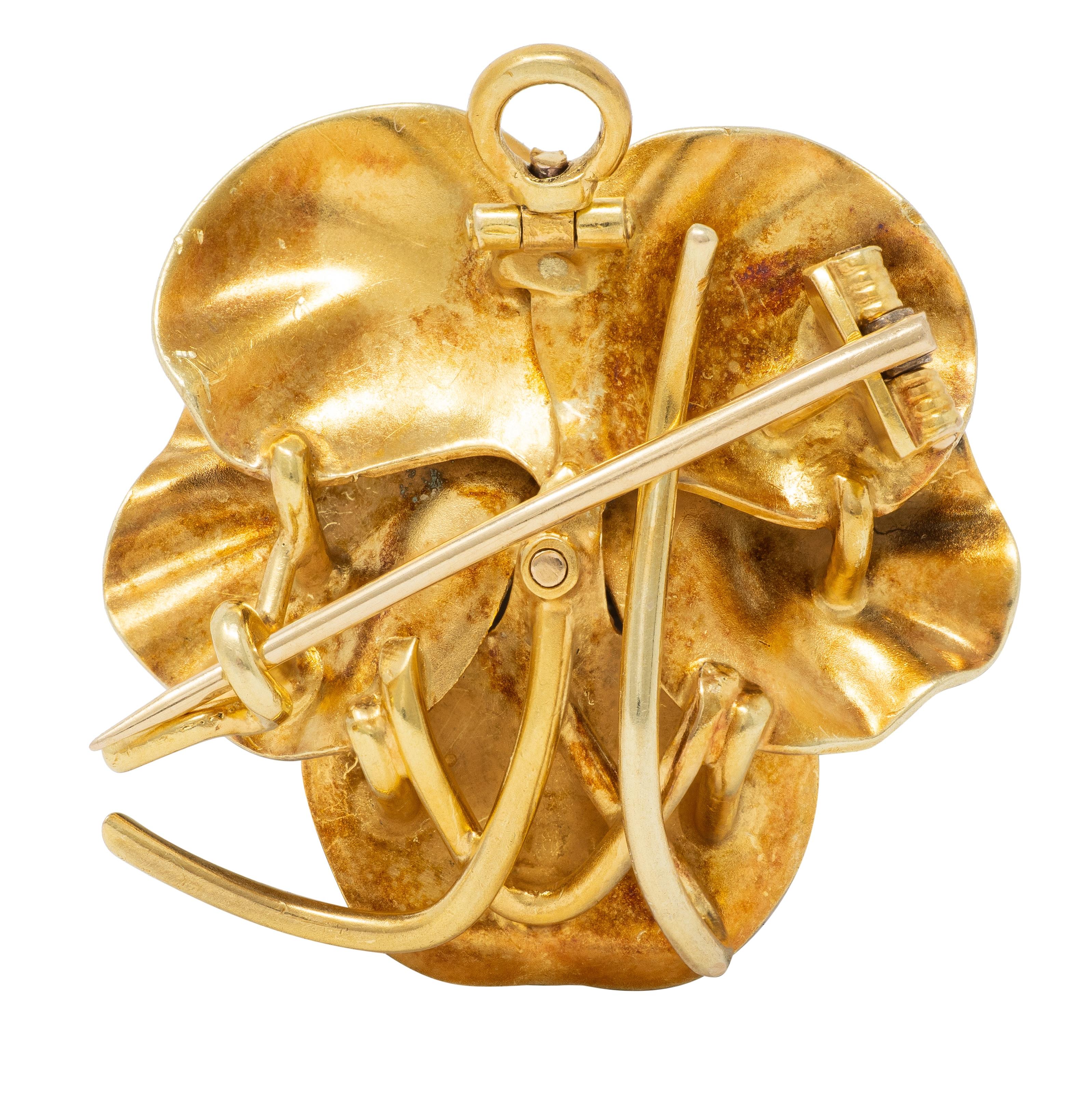 Art Nouveau Diamond Enamel 14K Yellow Gold Pansy Flower Antique Pendant Brooch