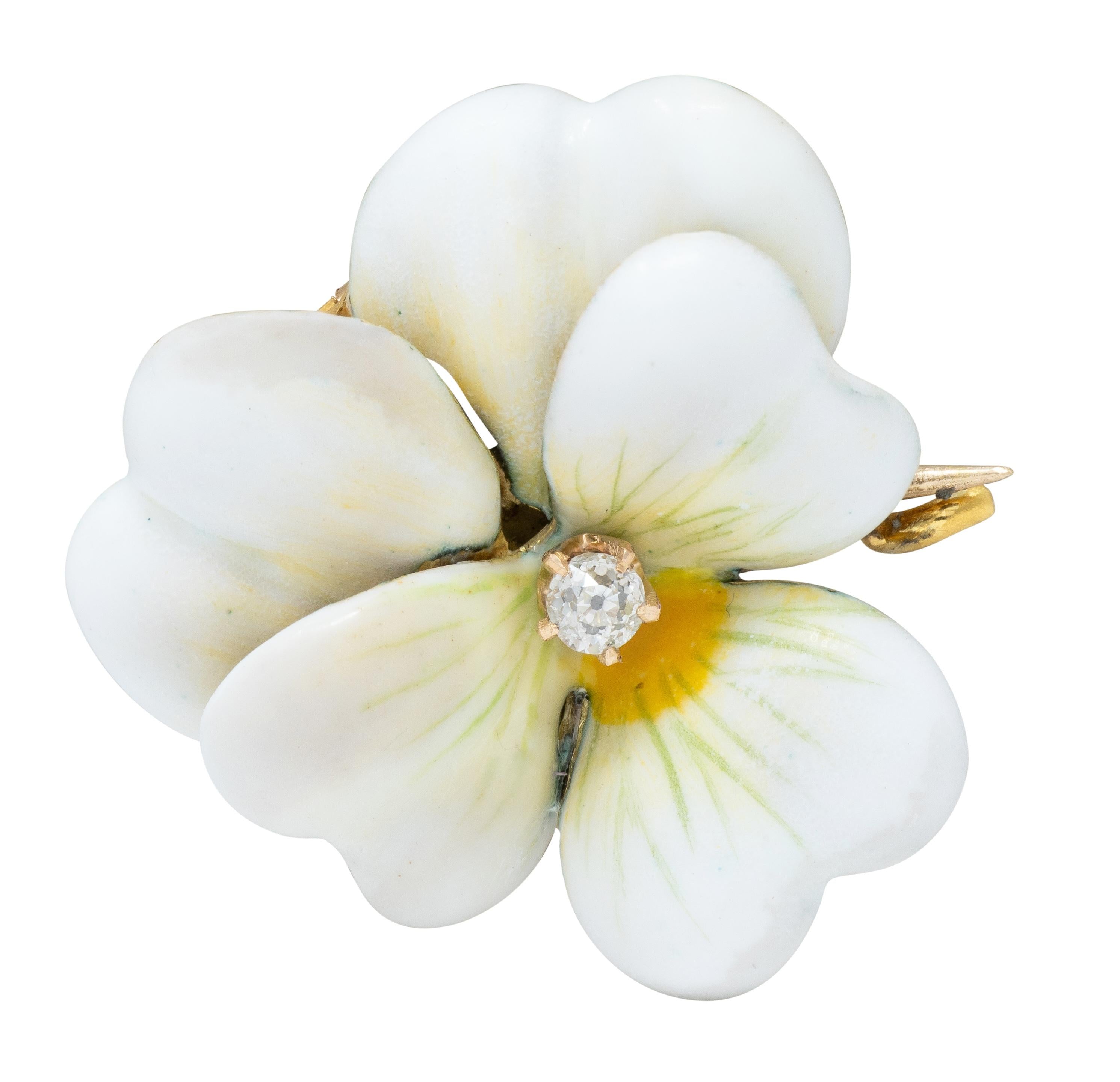 Art Nouveau Diamond White Enamel 14K Yellow Gold Antique Pansy Pendant Brooch