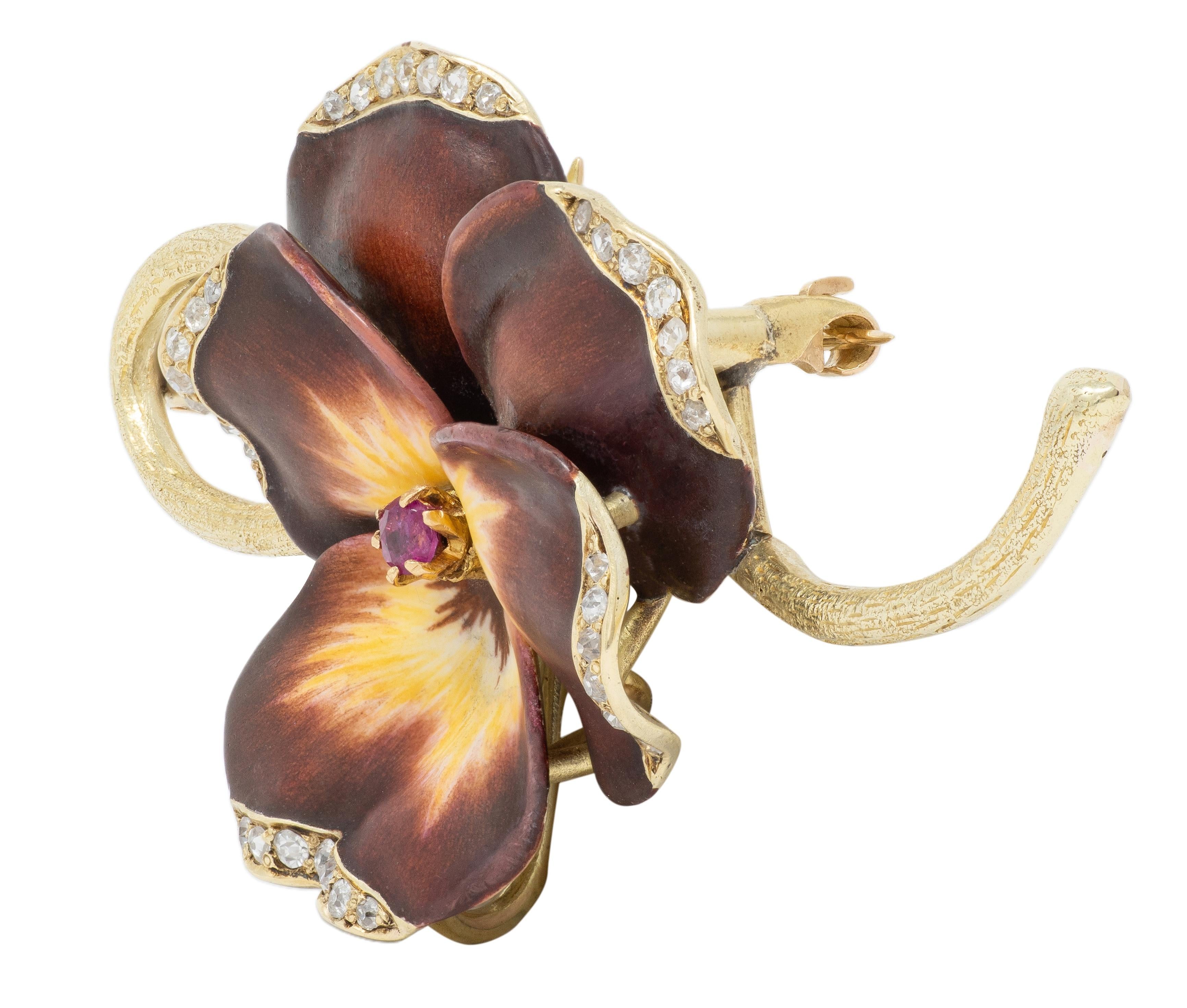 Hedges & Co. Art Nouveau Diamond Ruby Maroon Enamel 14K Antique Pansy Brooch