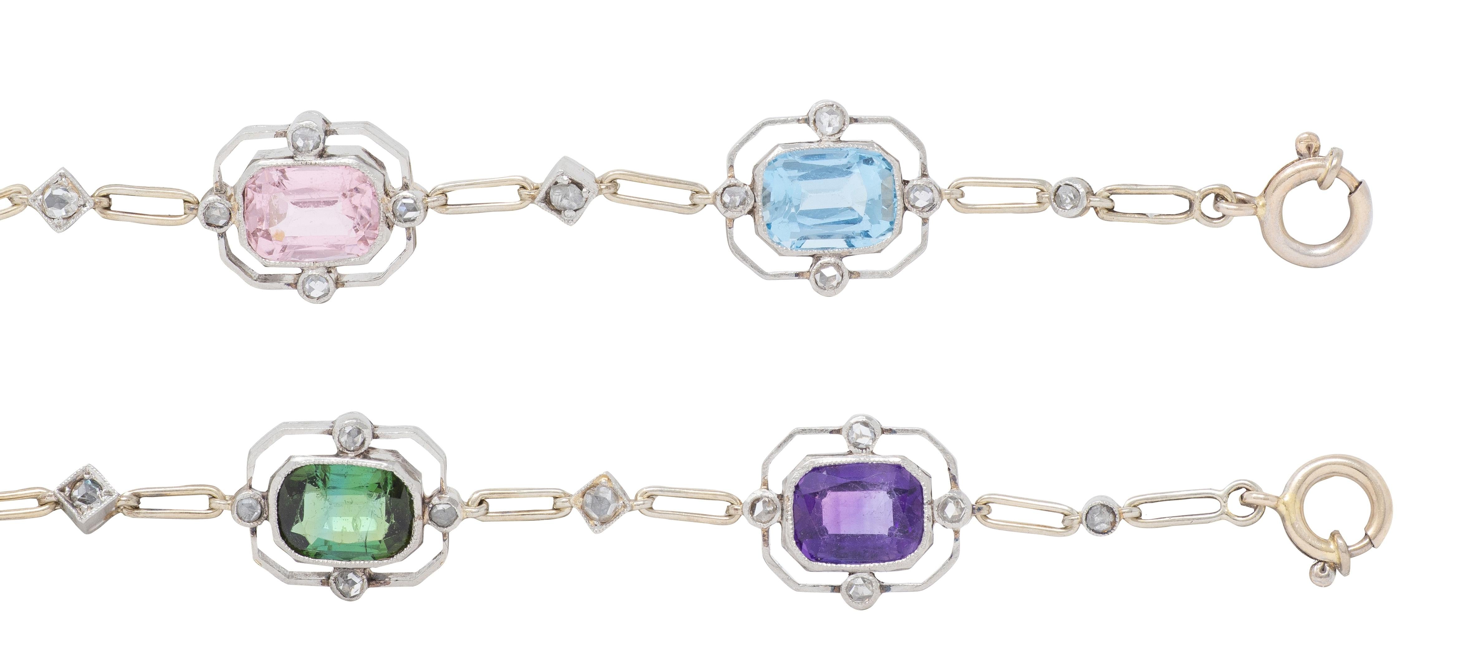 Art Deco Diamond Multi-Gem Platinum 18K Antique Quatrefoil Link Bracelet Set