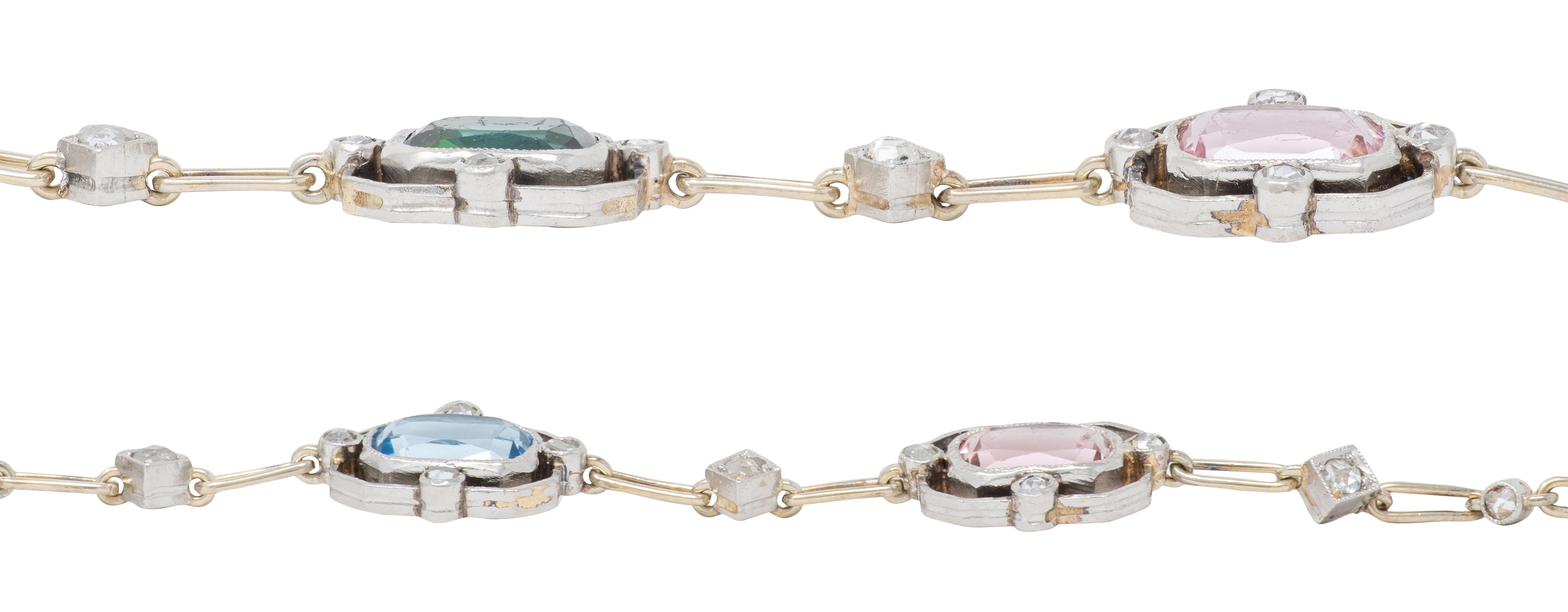 Art Deco Diamond Multi-Gem Platinum 18K Antique Quatrefoil Link Bracelet Set