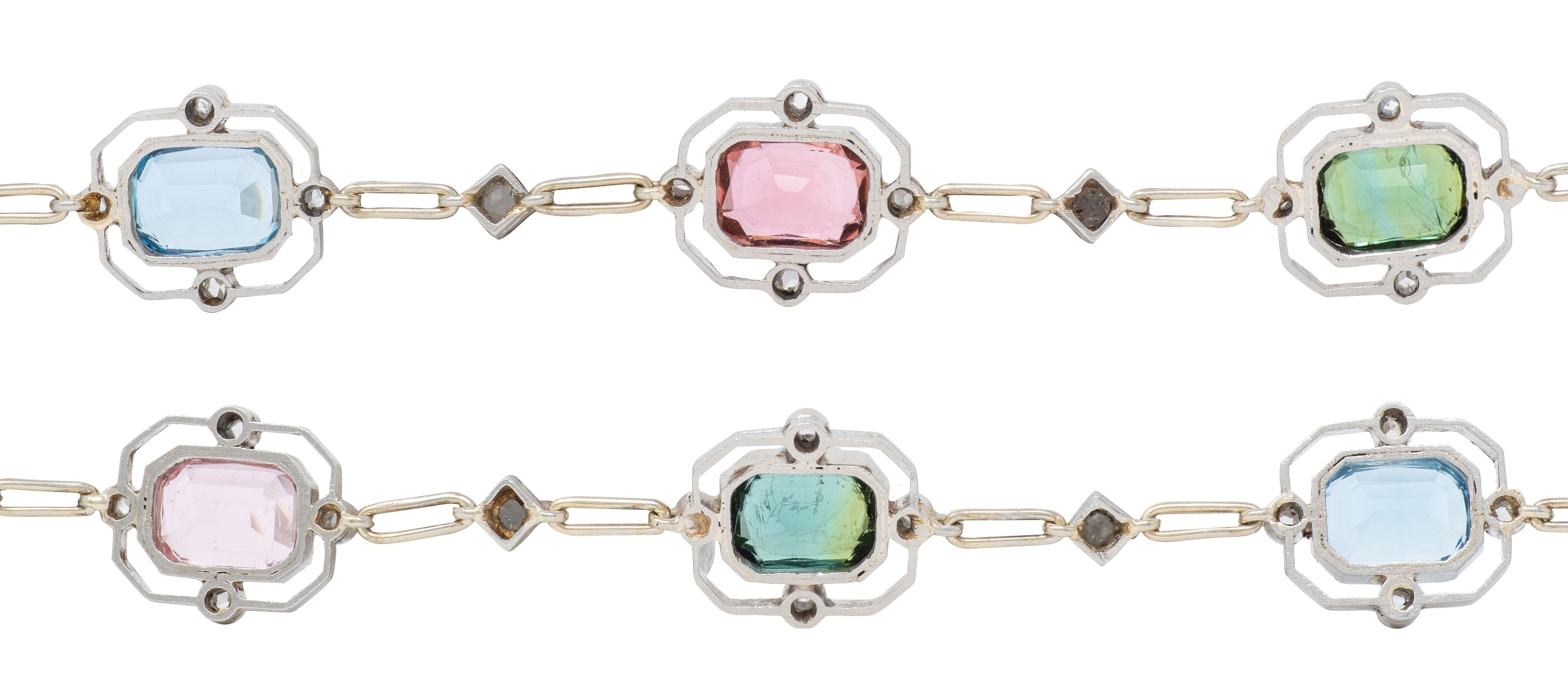 Art Deco Diamond Multi-Gem Platinum 18K Antique Quatrefoil Link Bracelet Set