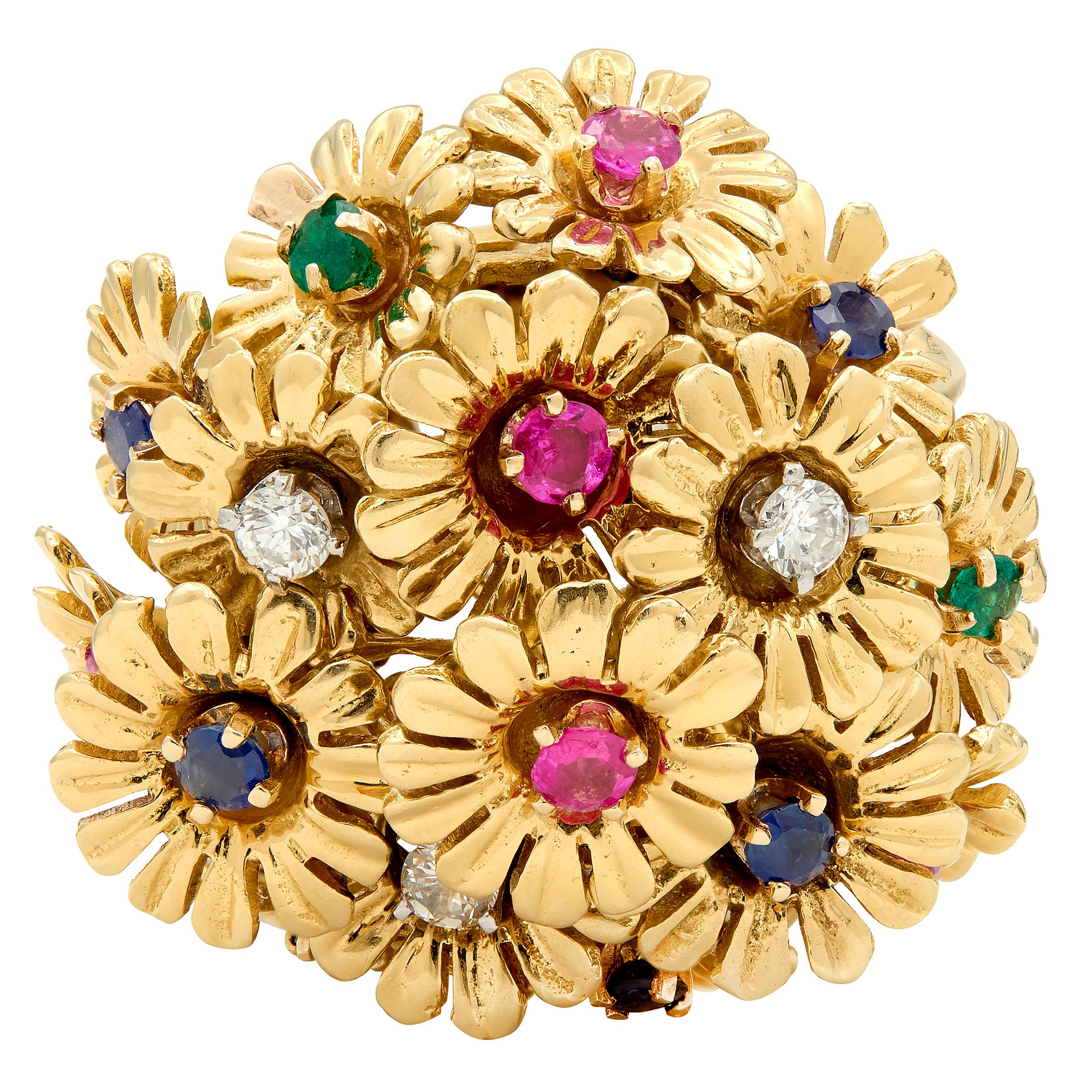 1960's Multi-Gem 18 Karat Yellow Gold Vintage En Tremblant Daisy Flower Ring