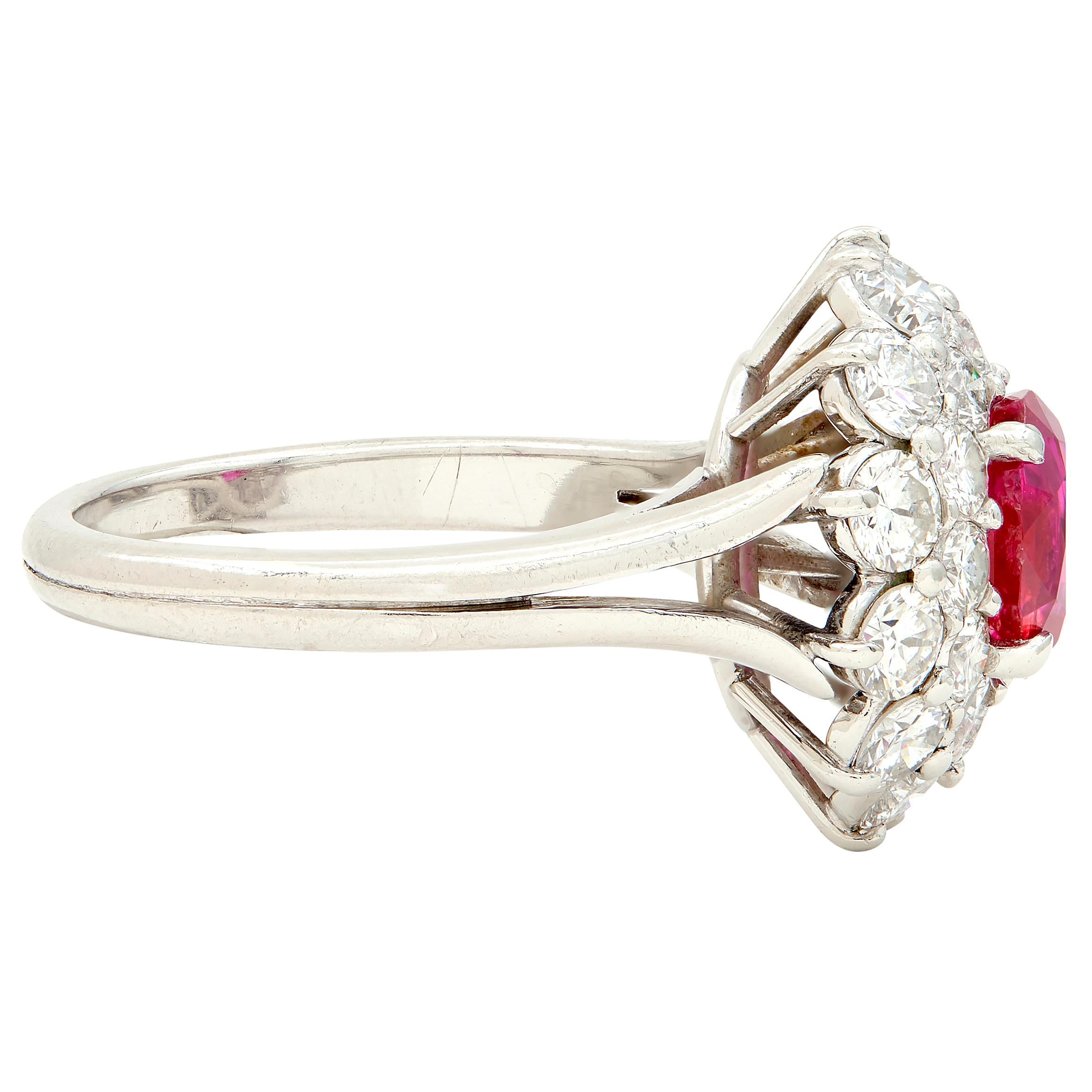 1950's 4.00 CTW No-Heat Burma Ruby Diamond Platinum Vintage Double Halo Ring AGL