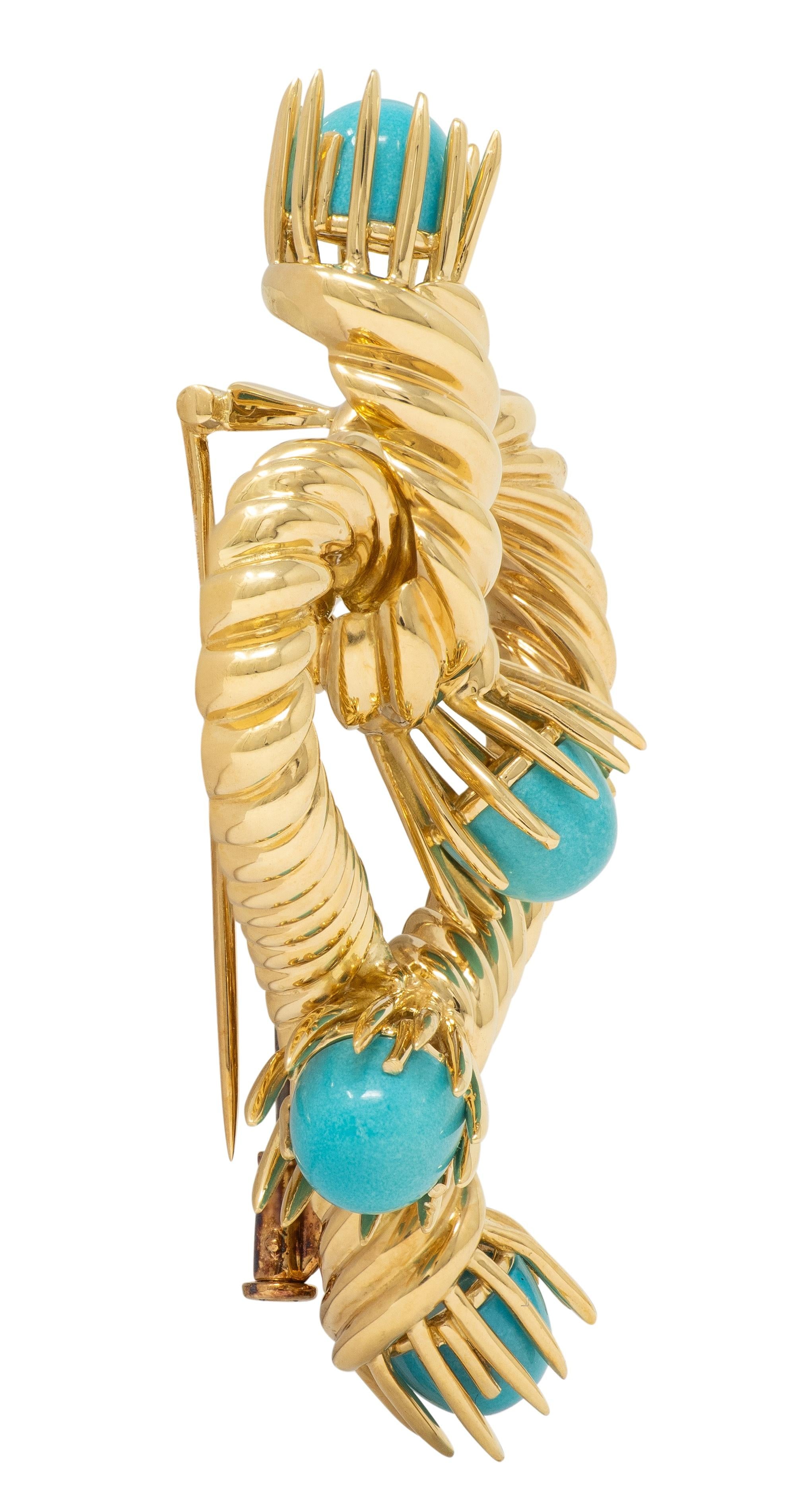 Tiffany & Co. Schlumberger 1960's Turquoise 18K Gold Vintage Rope Heart Brooch