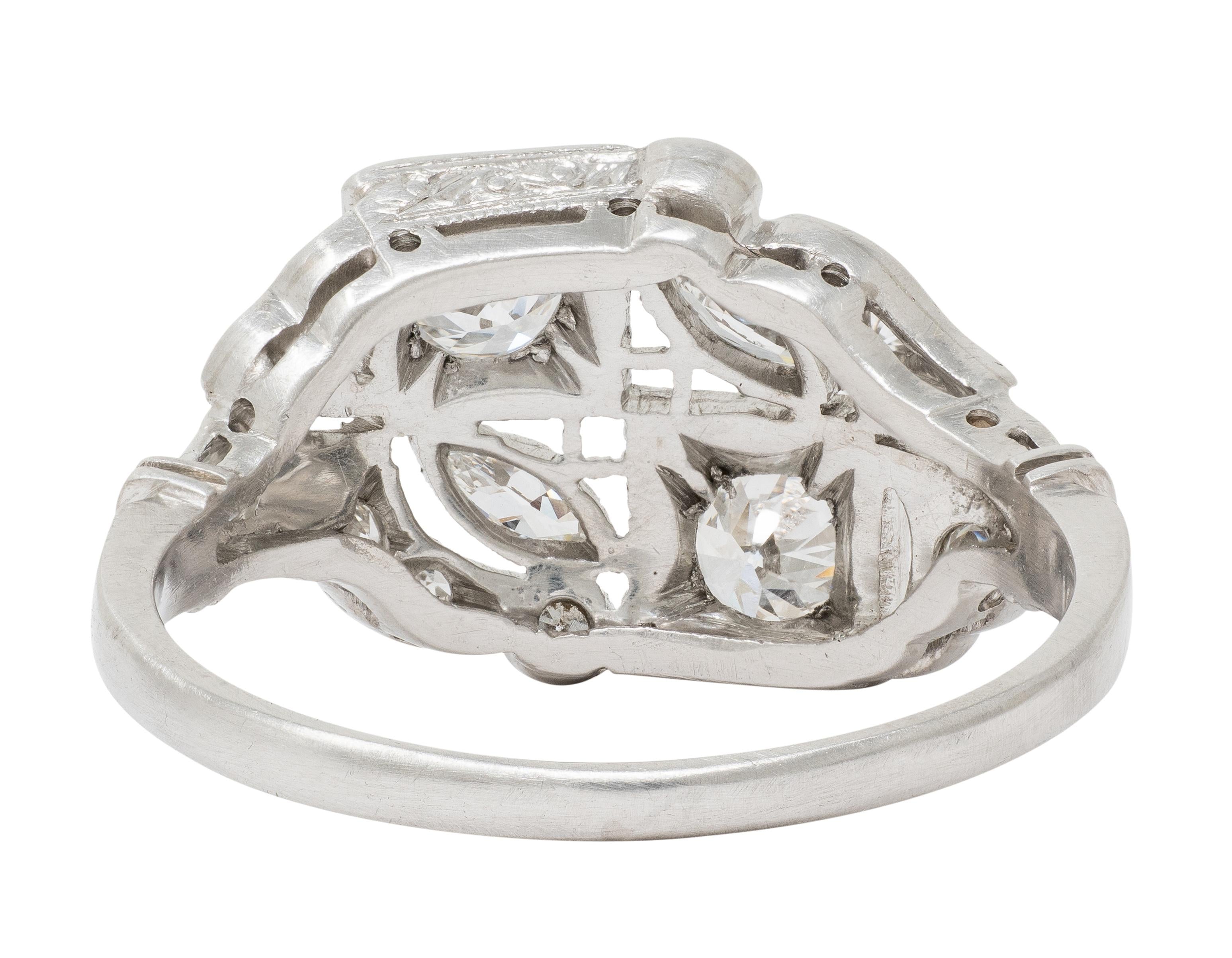 Art Deco Old European Cut Diamond Platinum Vintage Foliate Cluster Ring