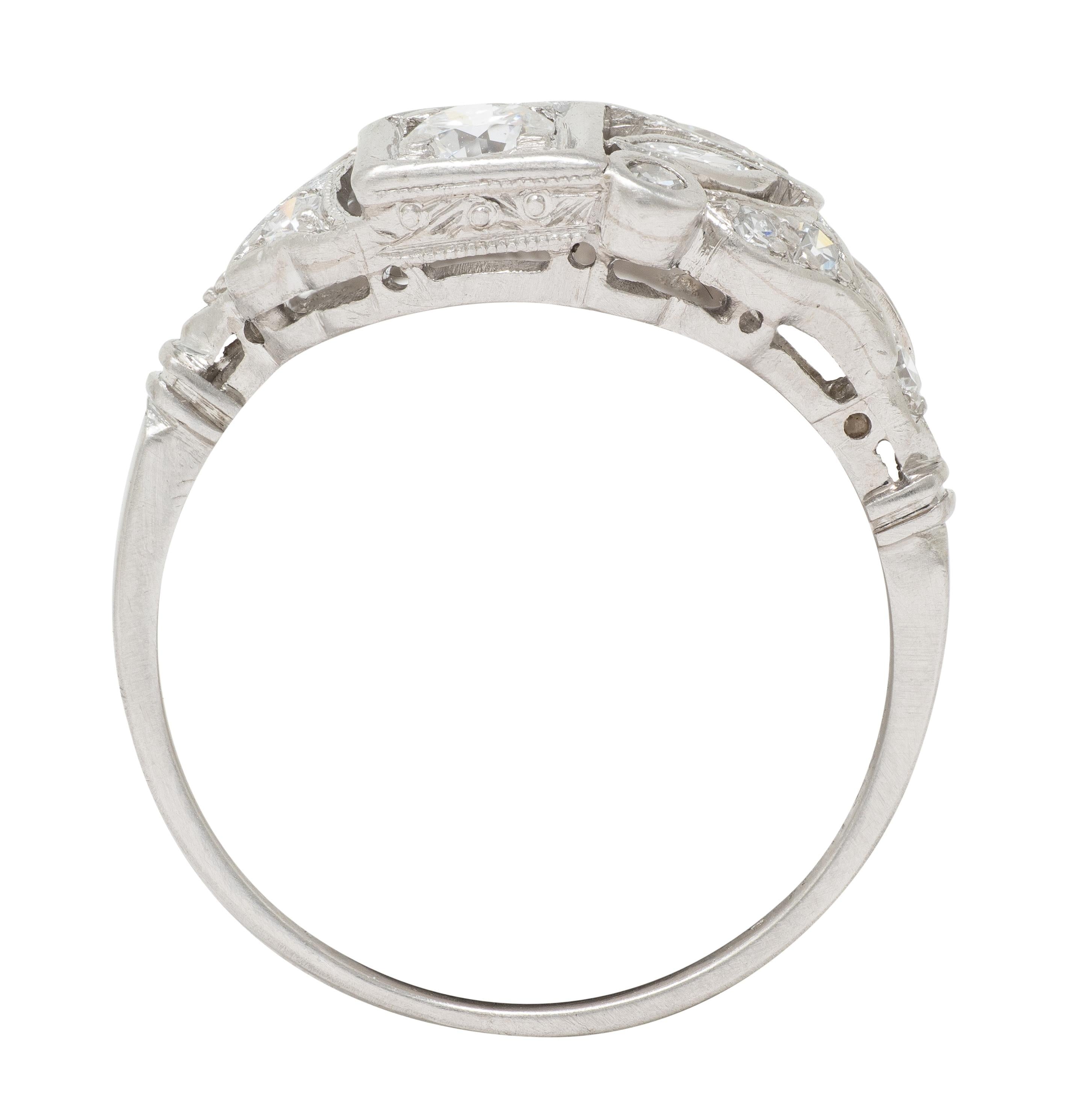 Art Deco Old European Cut Diamond Platinum Vintage Foliate Cluster Ring