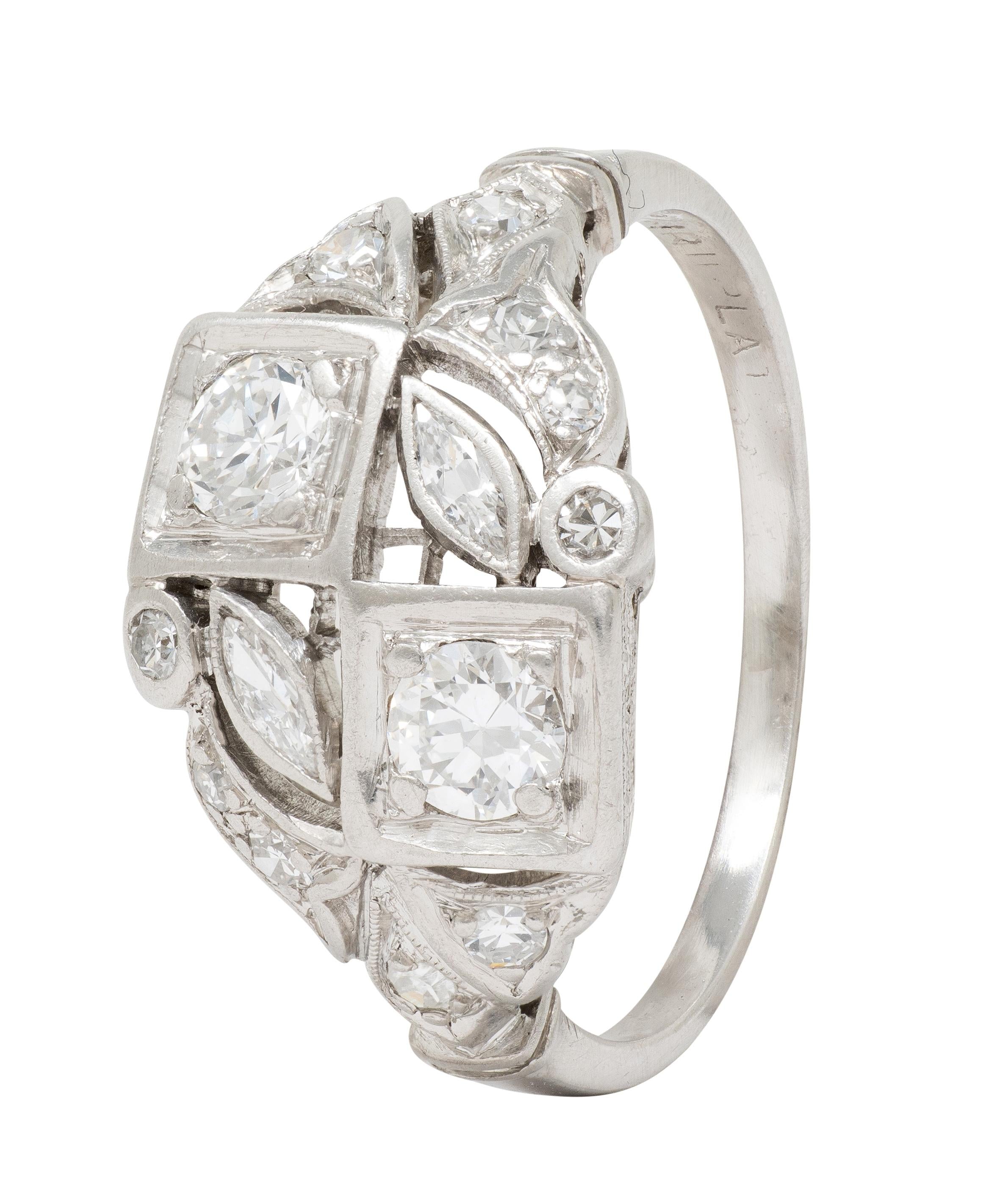Art Deco Old European Cut Diamond Platinum Vintage Foliate Cluster Ring