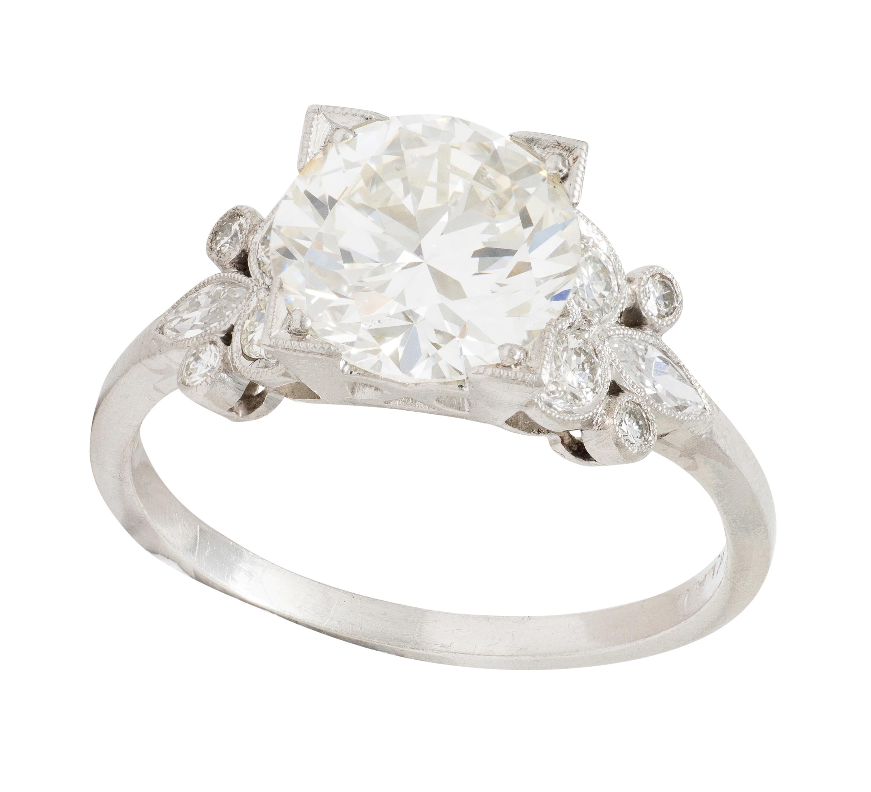 Art Deco 2.91 CTW Diamond Platinum Vintage Foliate Engagement Ring GIA