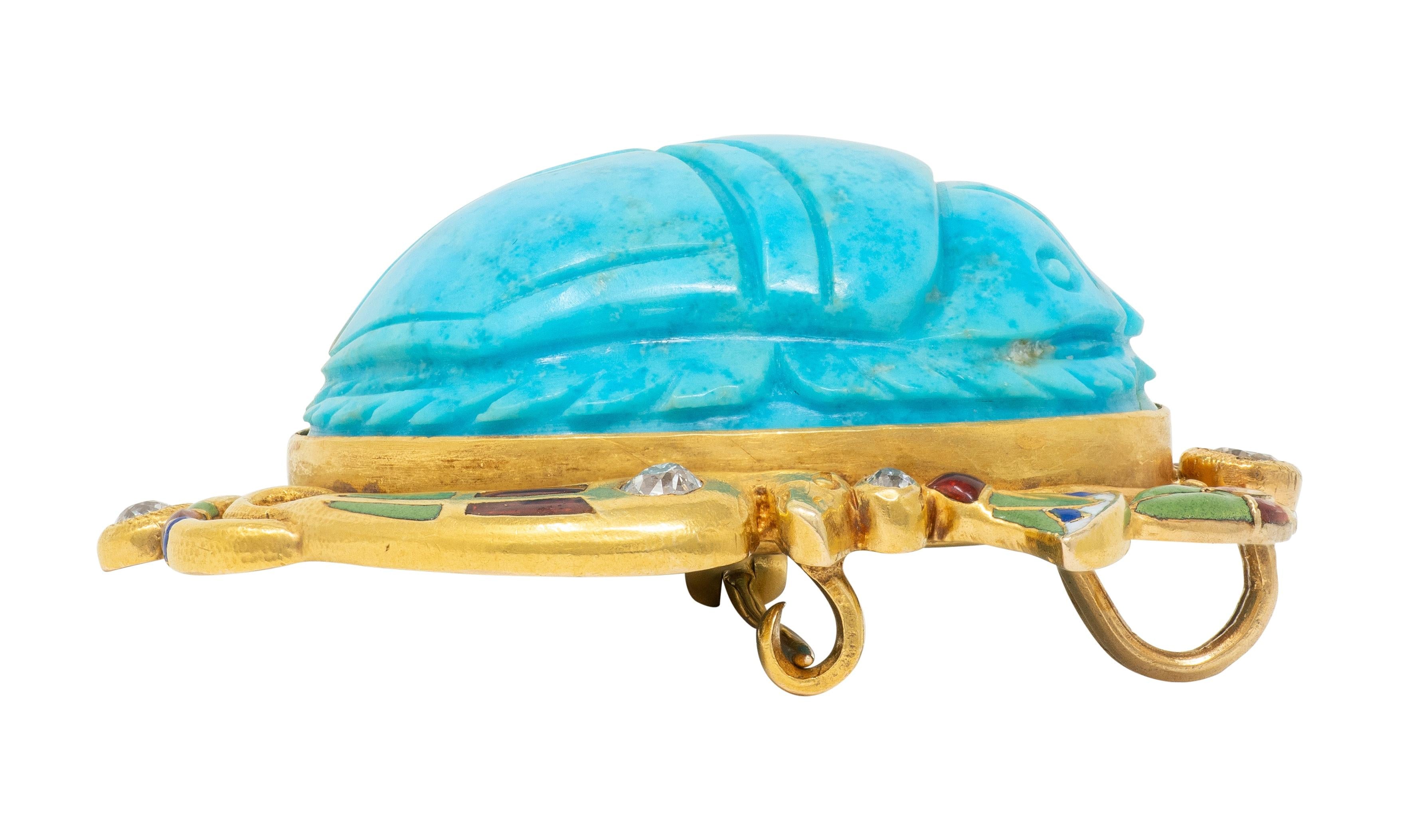 Art Deco Turquoise Diamond Enamel 14K Gold Antique Egyptian Scarab Brooch