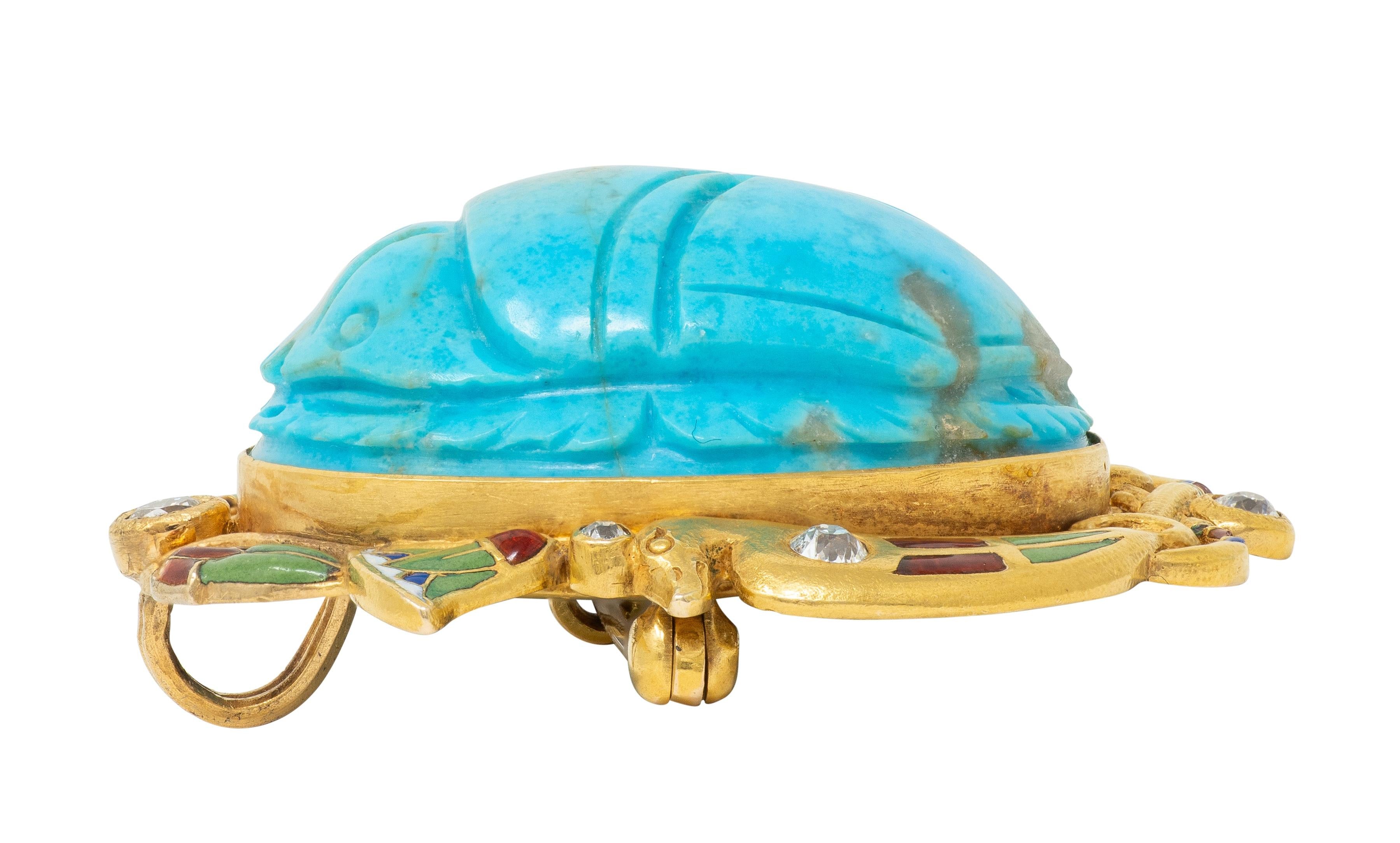 Art Deco Turquoise Diamond Enamel 14K Gold Antique Egyptian Scarab Brooch