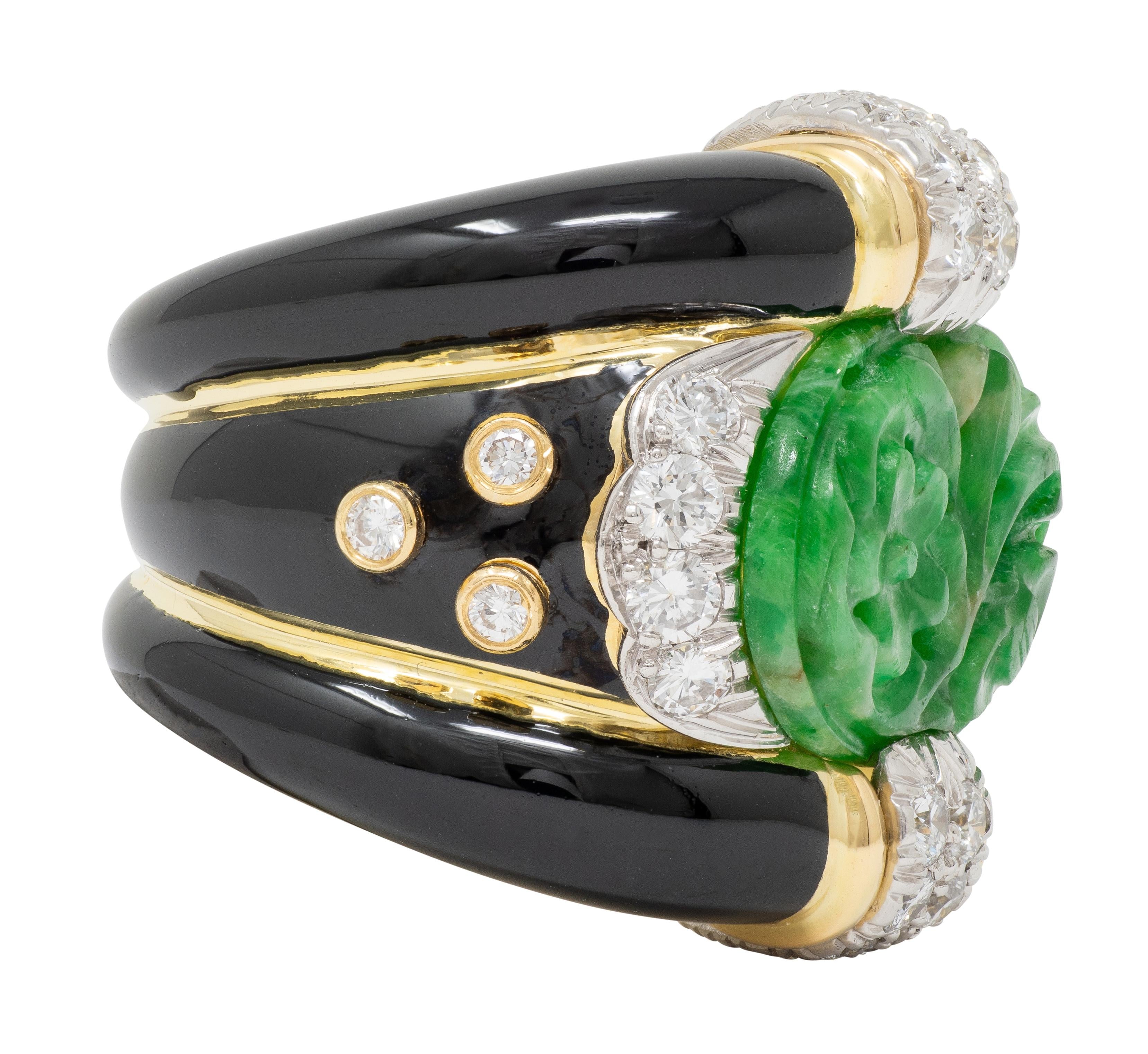 David Webb 1980's Jade Diamond Enamel Platinum 18K Gold Floral Vintage Band Ring