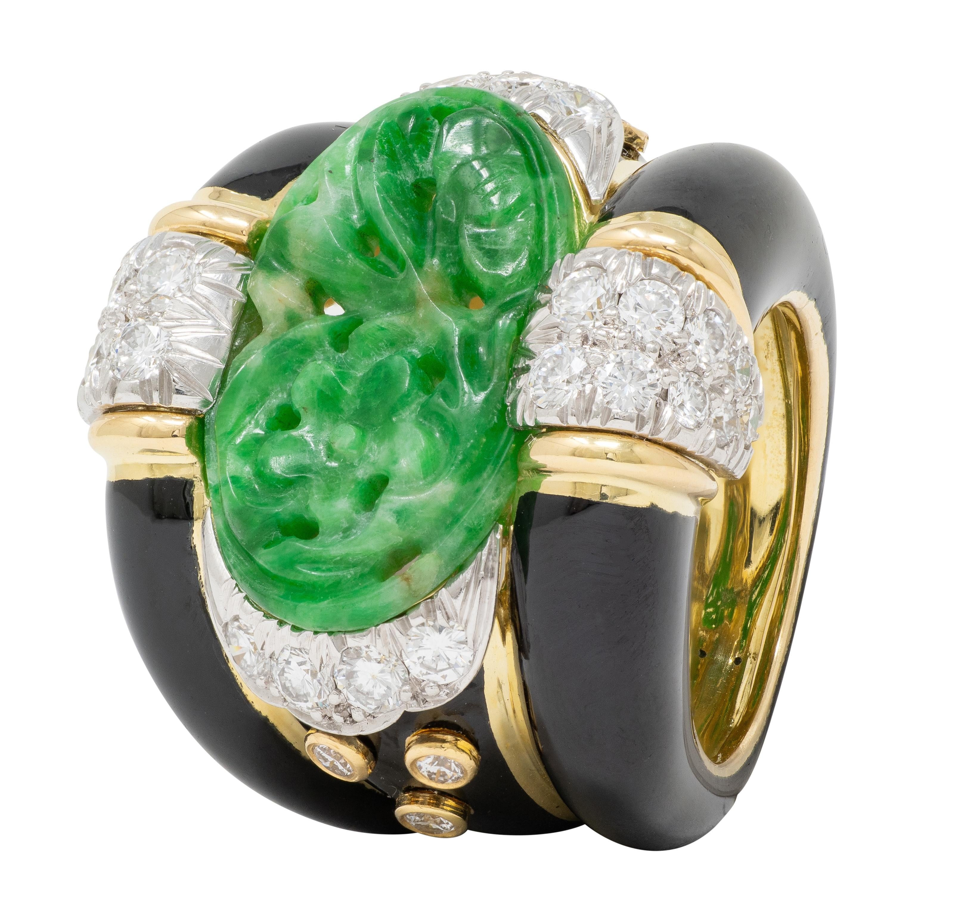 David Webb 1980's Jade Diamond Enamel Platinum 18K Gold Floral Vintage Band Ring
