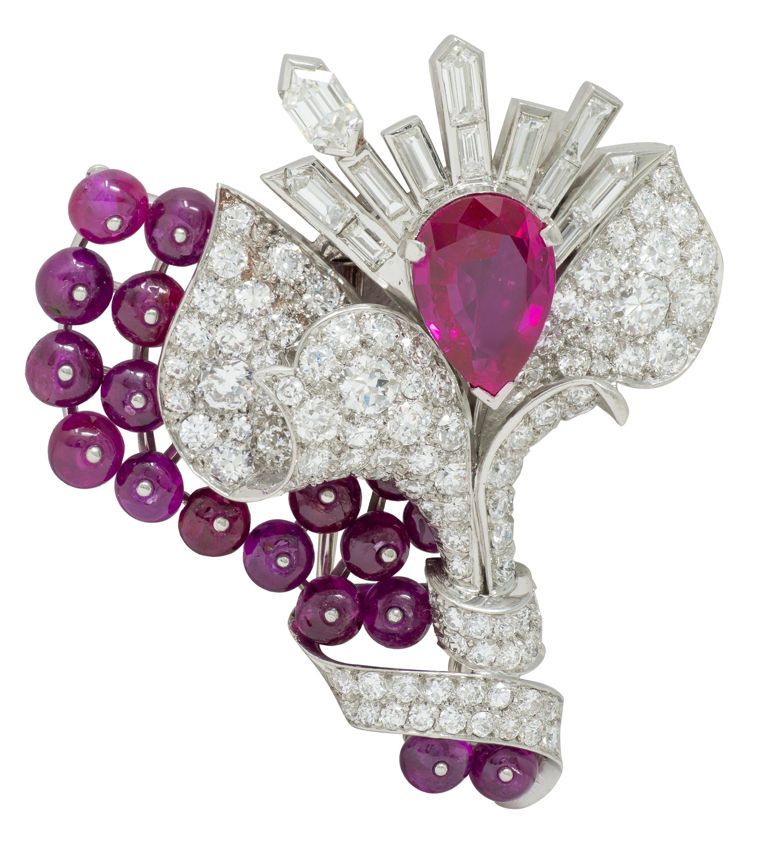 Mauboussin No Heat Burma Ruby Diamond Platinum Vintage Floral Burst Brooch