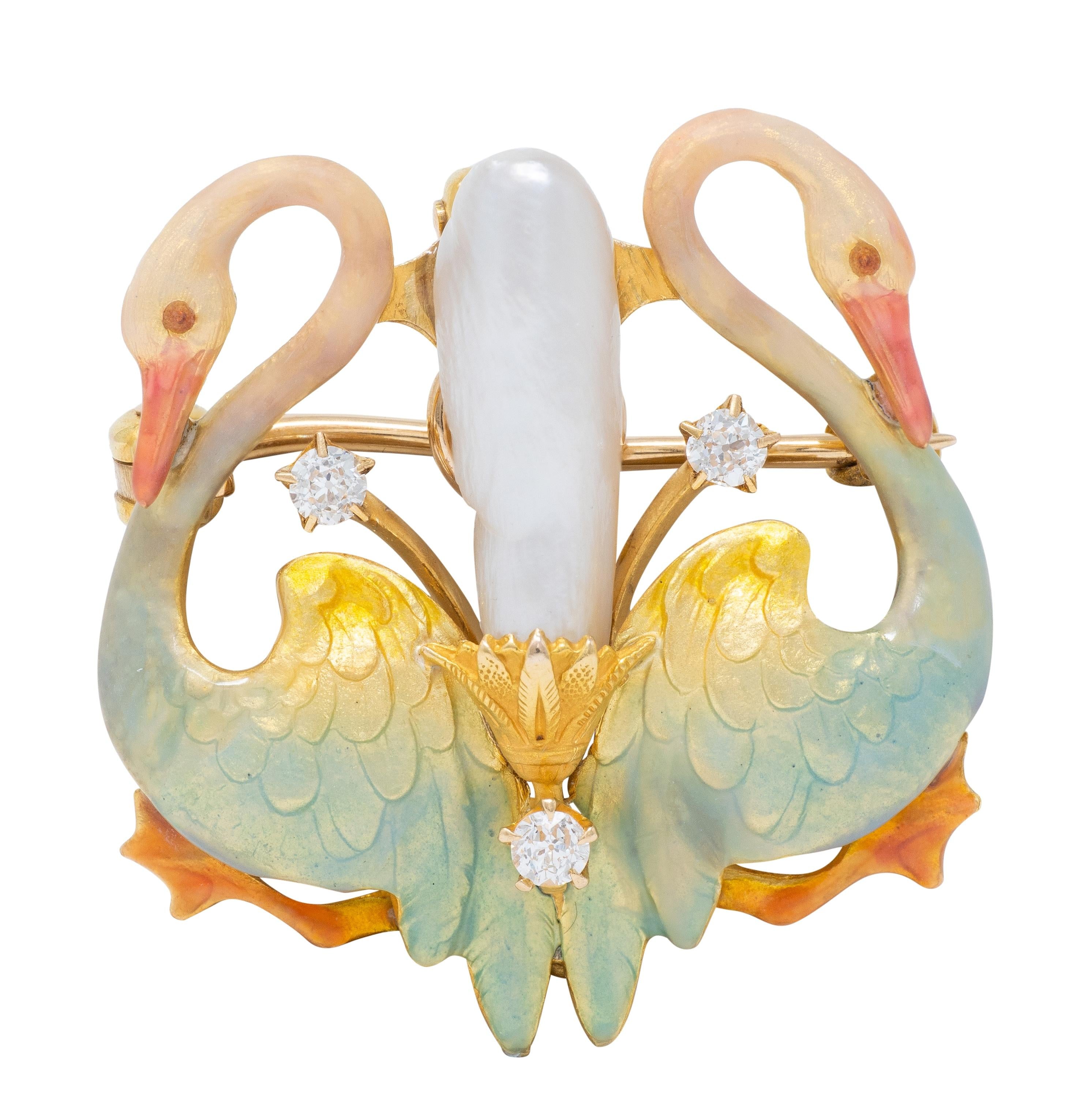 Krementz Art Nouveau Multi-Gem Enamel 14K Gold Antique Swan Pendant Brooch