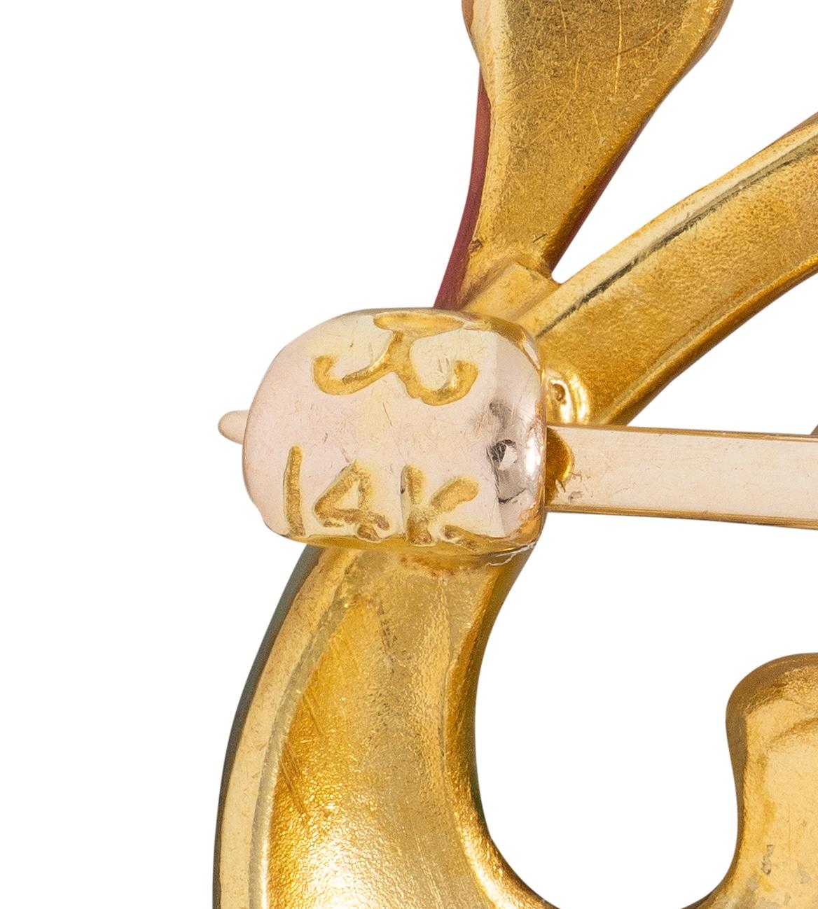 Krementz Art Nouveau Multi-Gem Enamel 14K Gold Antique Swan Pendant Brooch