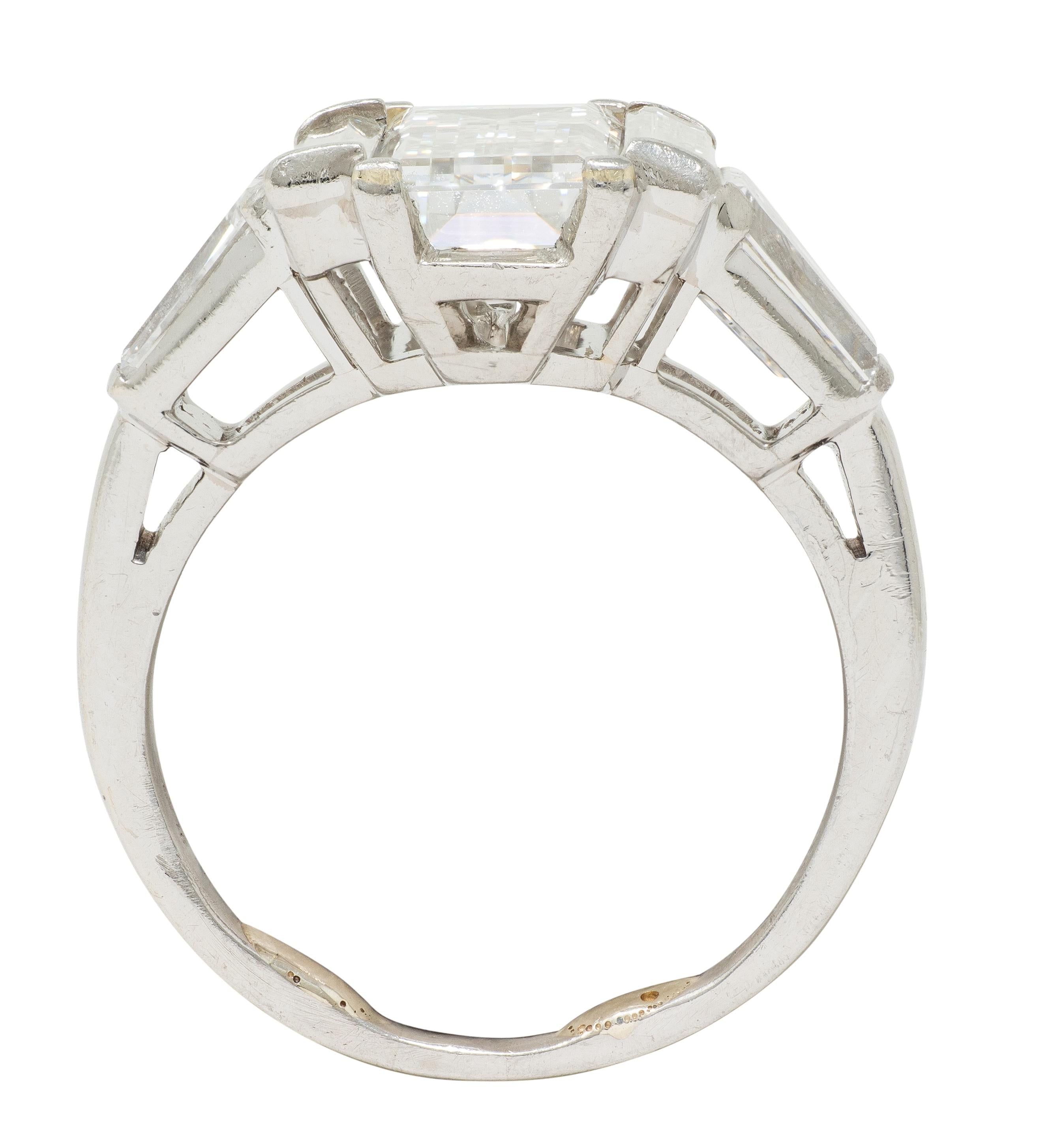 Mid-Century 4.03 CTW Diamond Platinum Vintage Three Stone Engagement Ring GIA