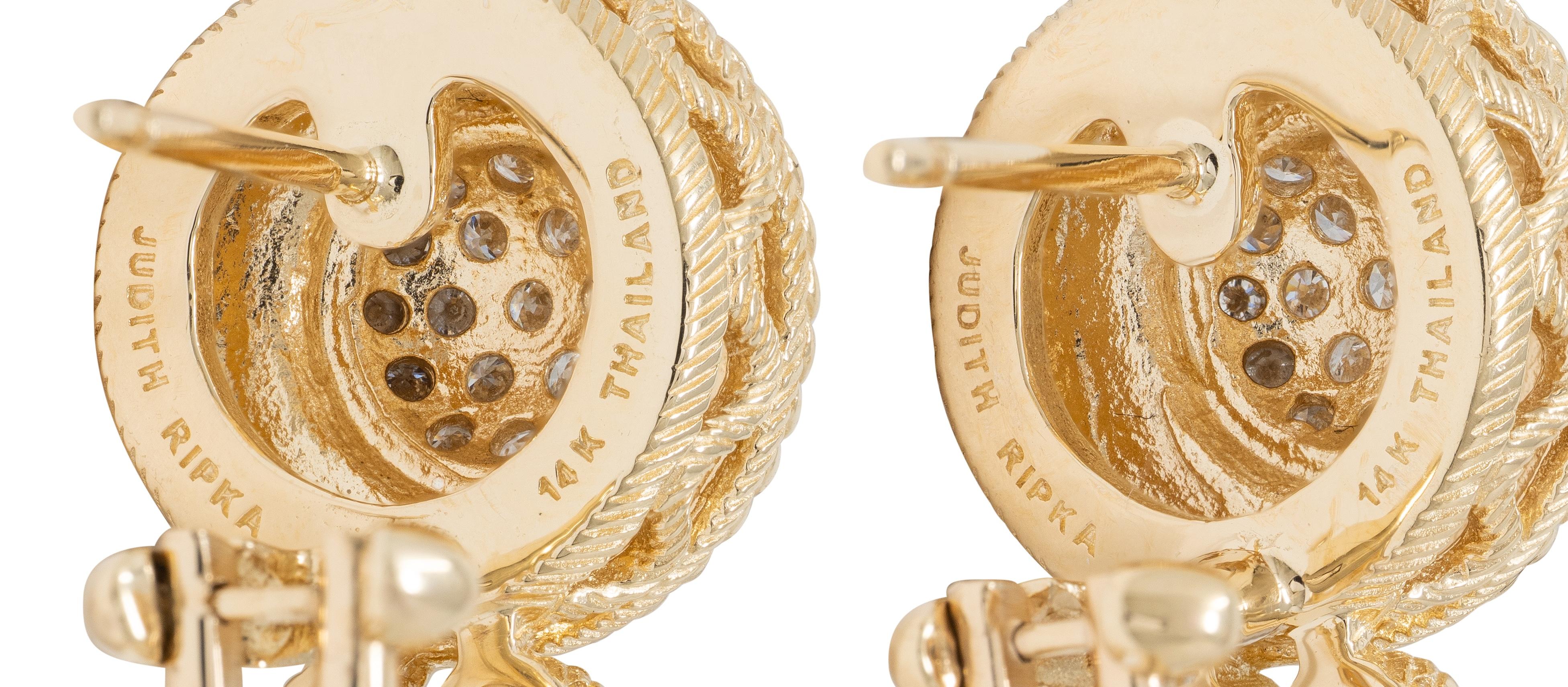 Judith Ripka 2000's Diamond 14 Karat Yellow Gold Cluster Earrings