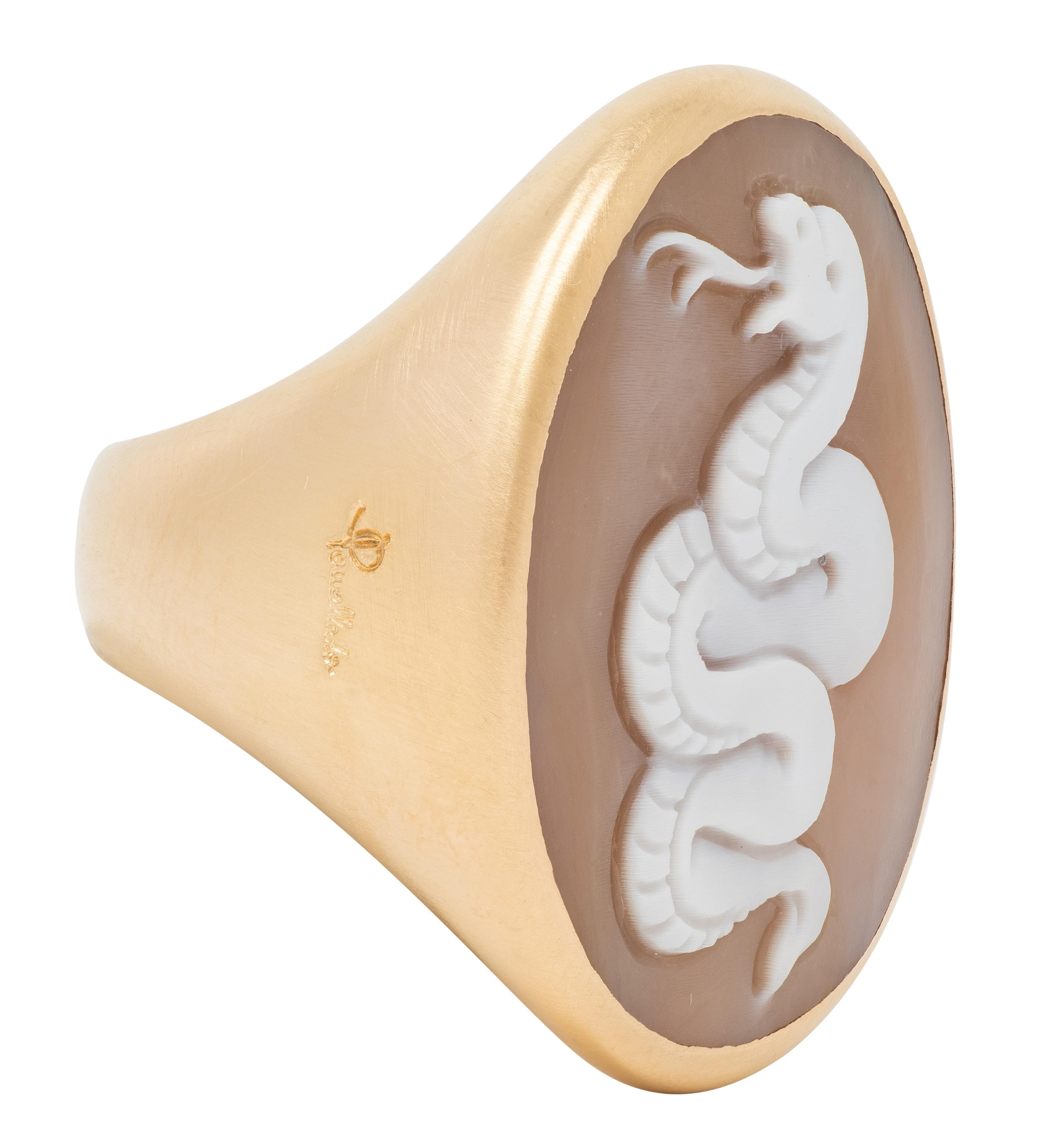 Pomellato Carved Shell 18 Karat Rose Gold Eva Snake Cameo Signet Ring