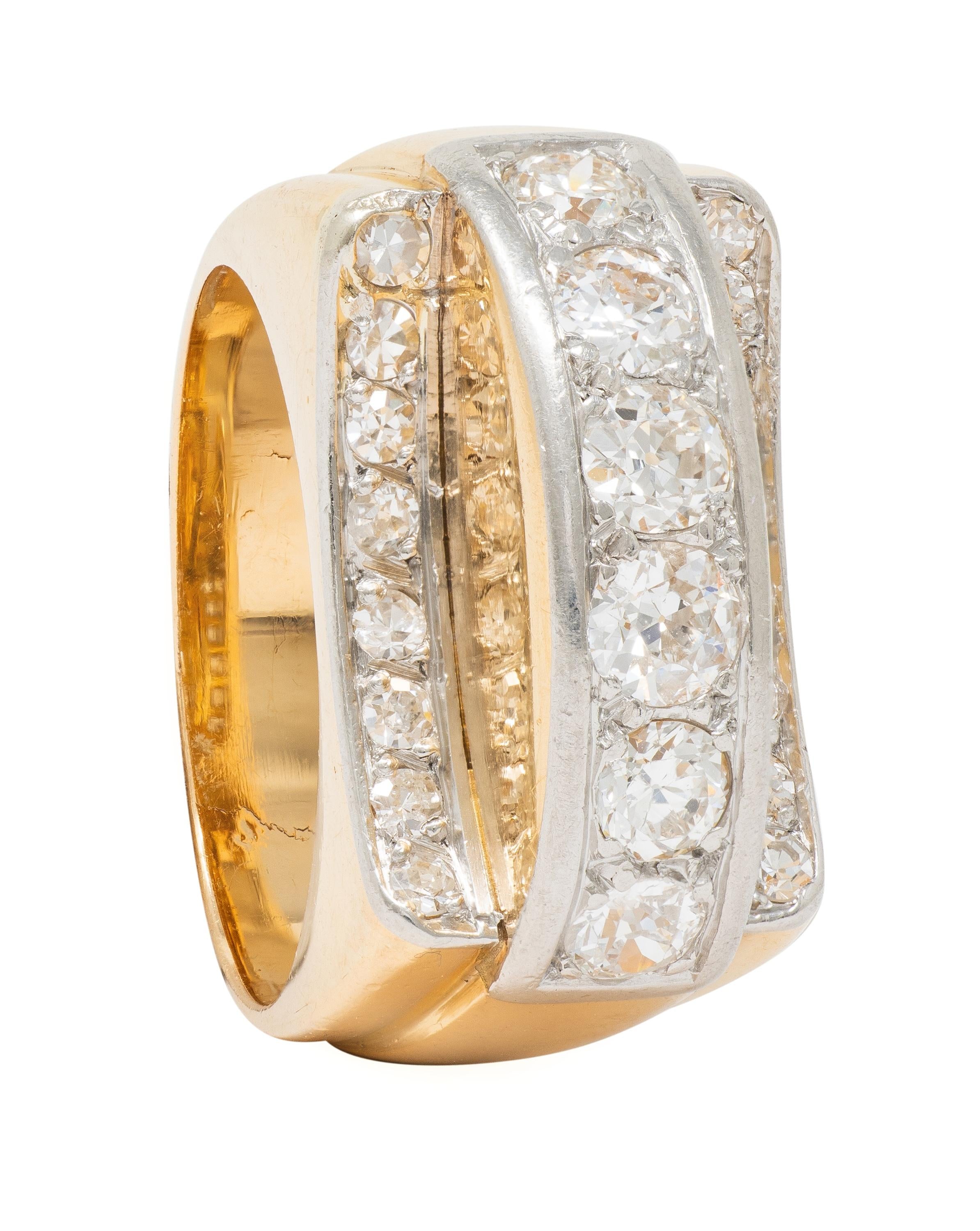 Art Deco 1.20 CTW Diamond Platinum 18K Yellow Gold Vintage Streamline Band Ring