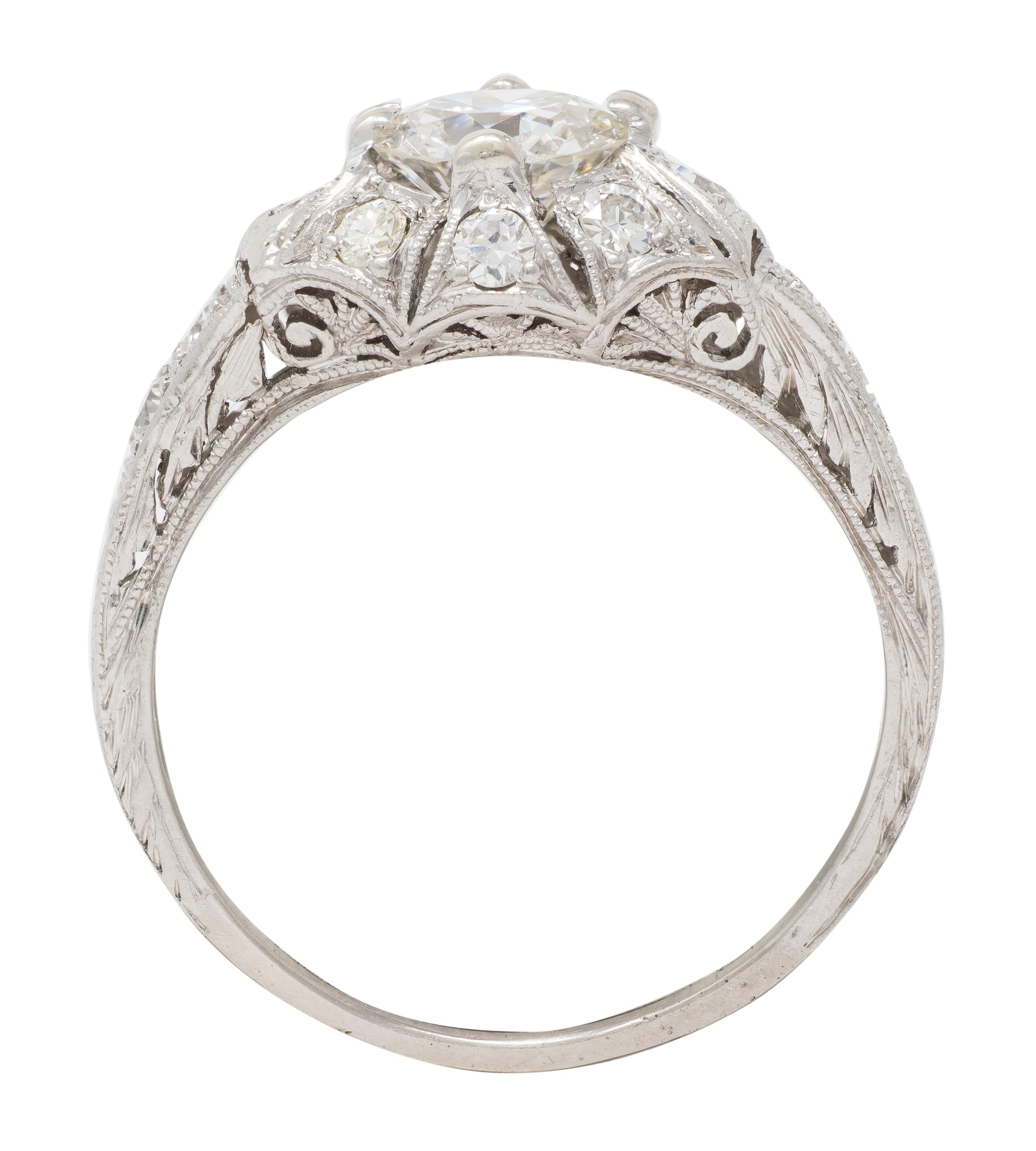 Art Deco Old European Diamond Platinum Vintage Scrolling Palm Engagement Ring