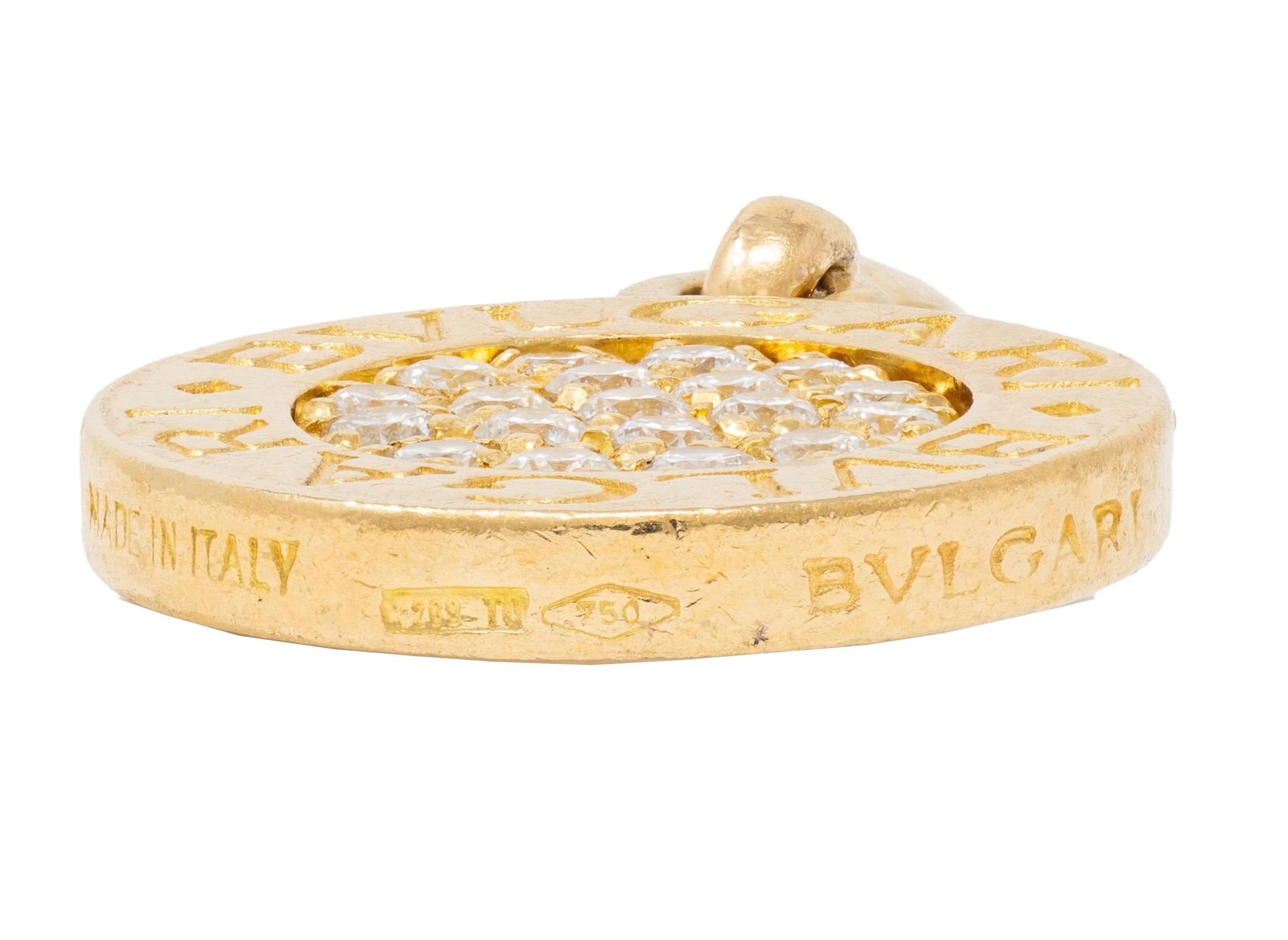 Bulgari 1990's Diamond 18 Karat Yellow Gold Vintage Disk Pendant Charm